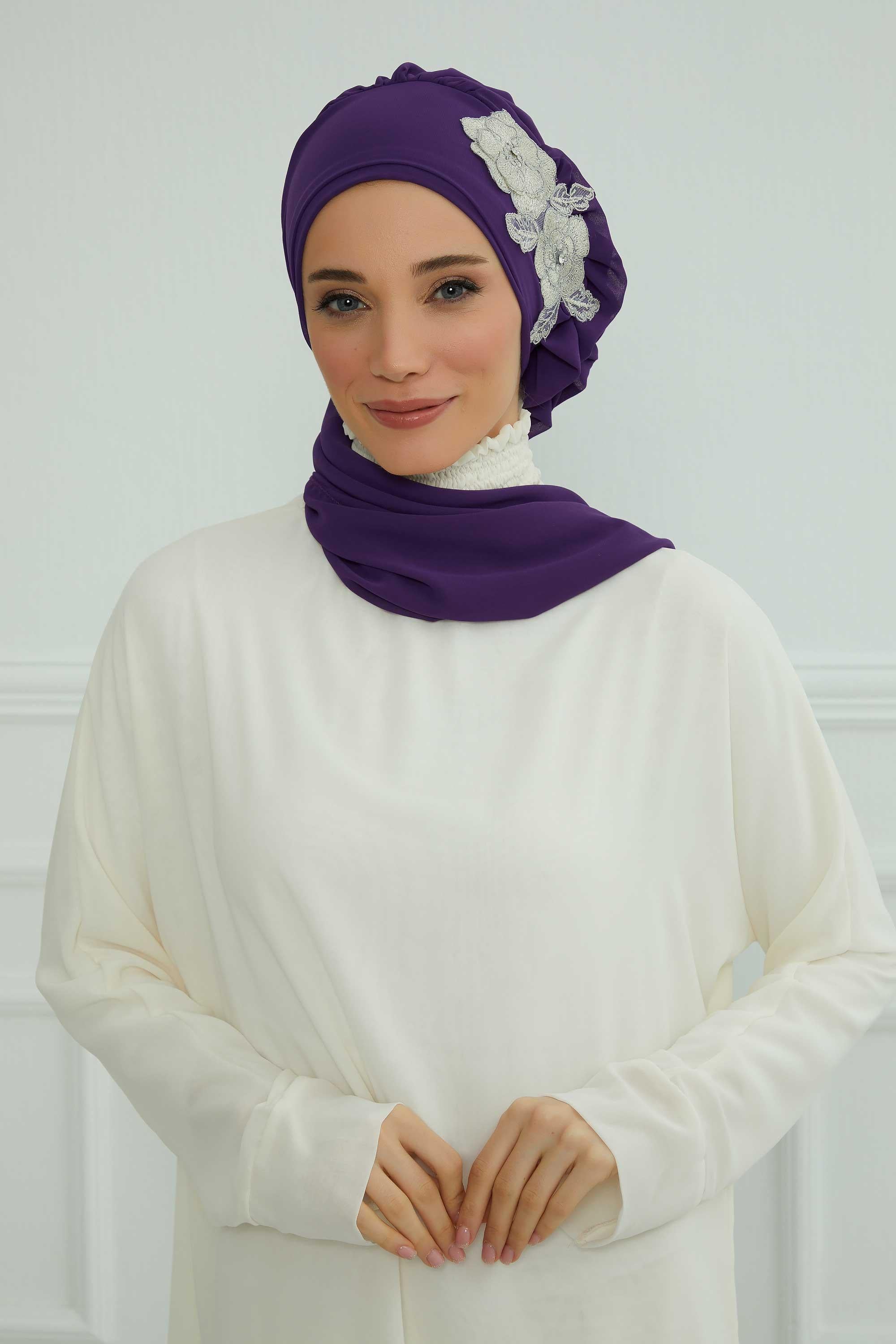Side Frilled Instant Turban Chiffon Scarf Head Turbans with Unique Flower Accessory For Women Headwear Stylish Elegant Design,HT-102 Purple-Silver