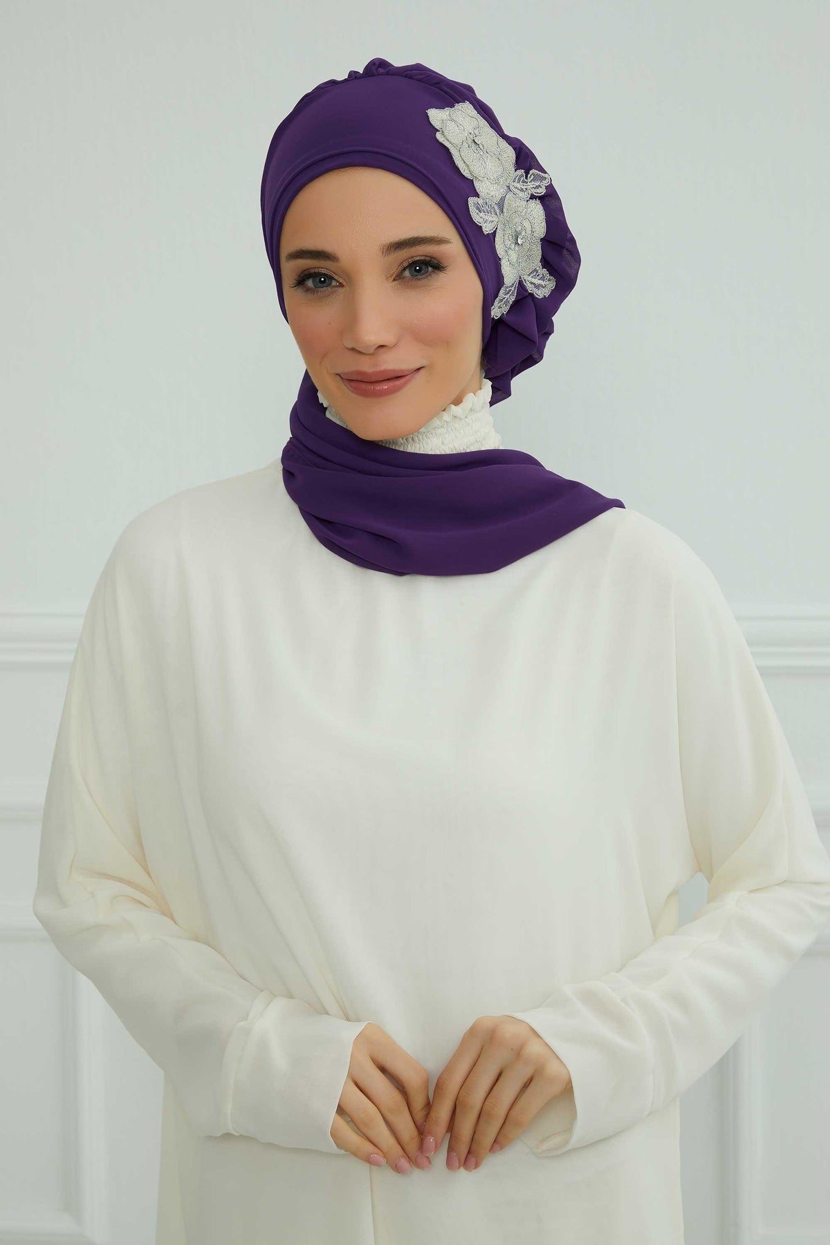 Side Frilled Instant Turban Chiffon Scarf Head Turbans with Unique Flower Accessory For Women Headwear Stylish Elegant Design,HT-102 Purple-Silver