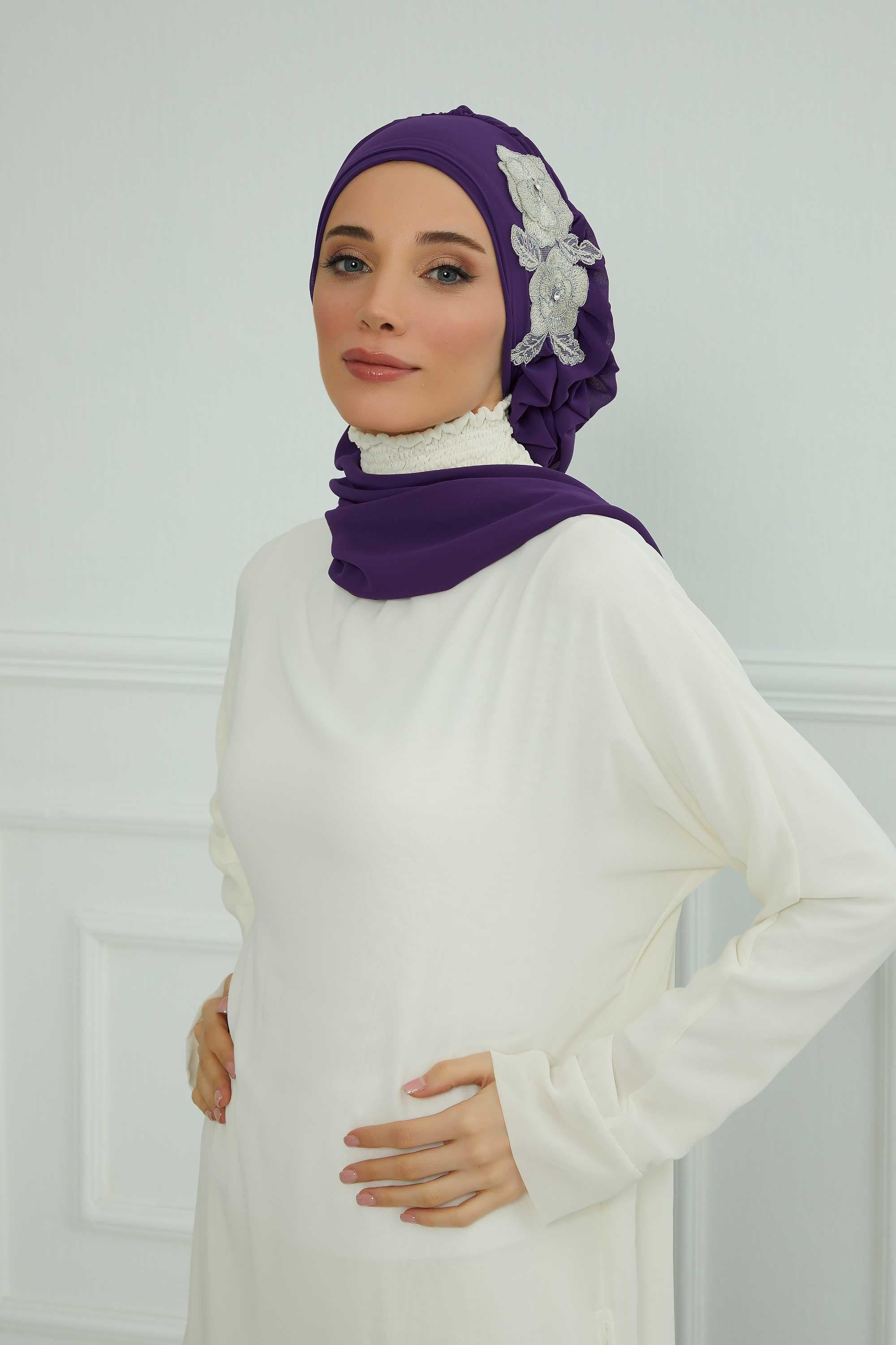 Side Frilled Instant Turban Chiffon Scarf Head Turbans with Unique Flower Accessory For Women Headwear Stylish Elegant Design,HT-102