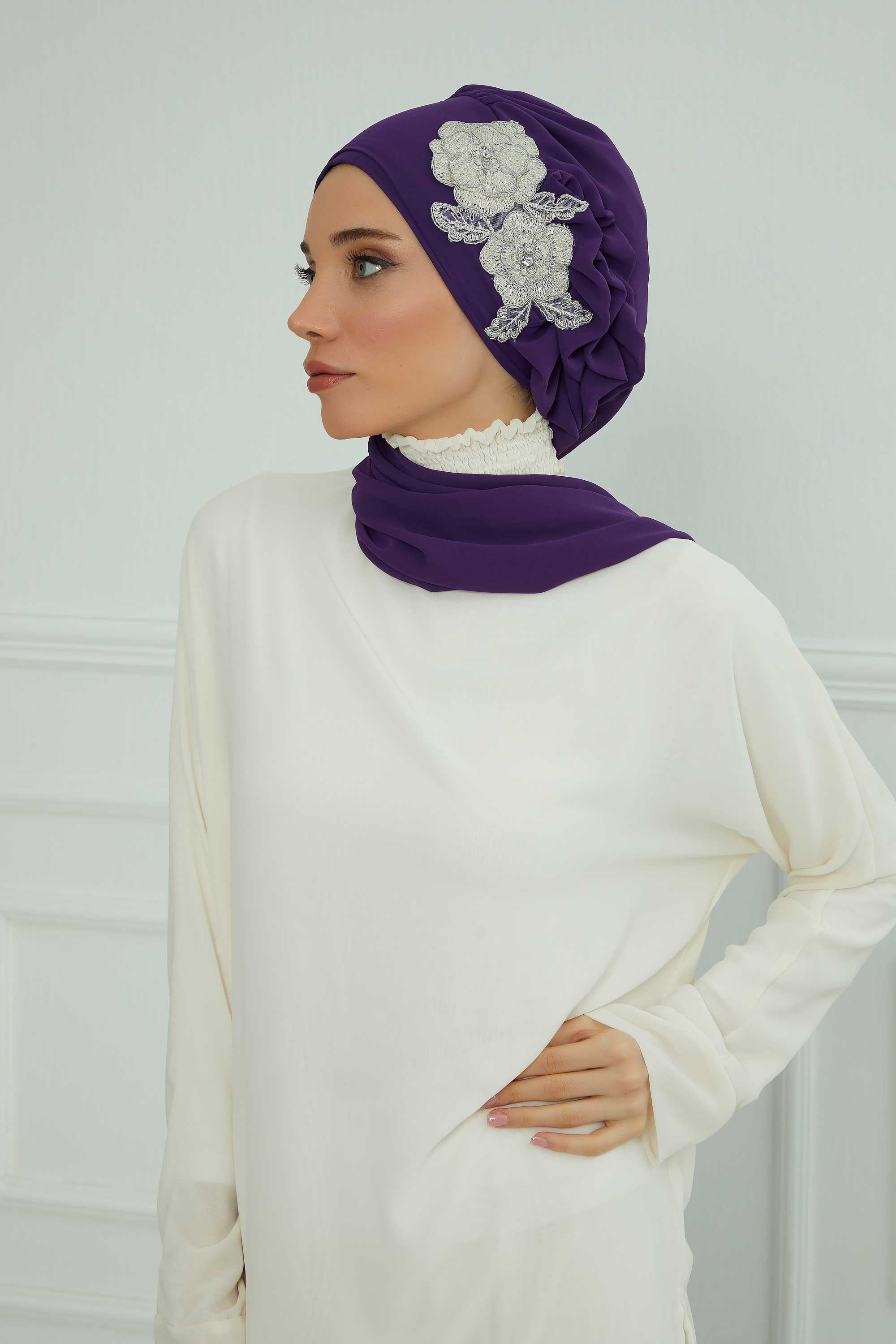 Side Frilled Instant Turban Chiffon Scarf Head Turbans with Unique Flower Accessory For Women Headwear Stylish Elegant Design,HT-102