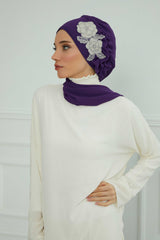 Side Frilled Instant Turban Chiffon Scarf Head Turbans with Unique Flower Accessory For Women Headwear Stylish Elegant Design,HT-102