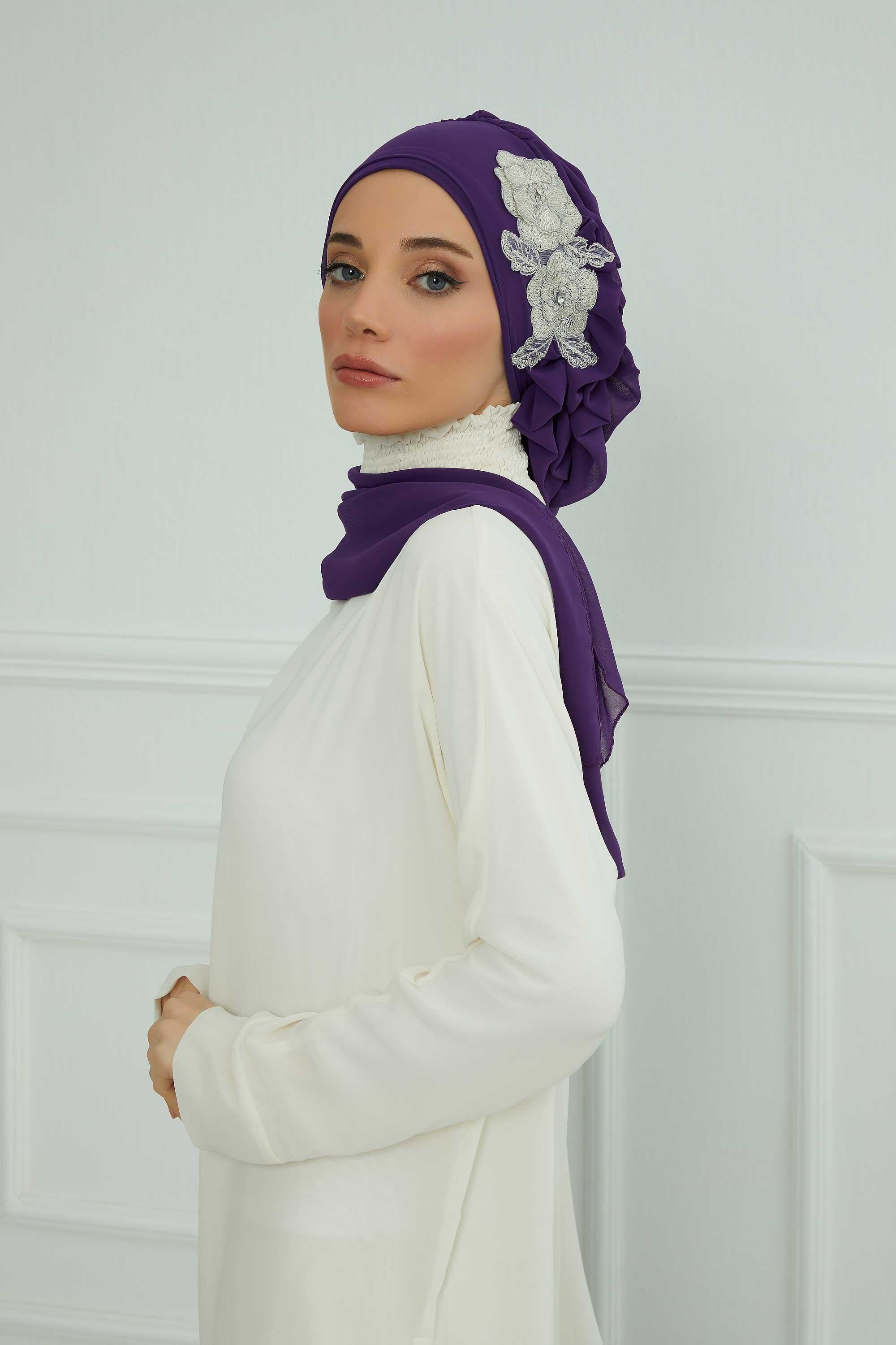 Side Frilled Instant Turban Chiffon Scarf Head Turbans with Unique Flower Accessory For Women Headwear Stylish Elegant Design,HT-102