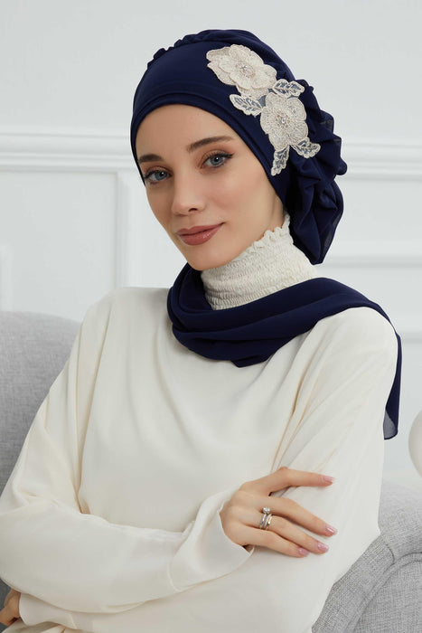 Side Frilled Instant Turban Chiffon Scarf Head Turbans with Unique Flower Accessory For Women Headwear Stylish Elegant Design,HT-102