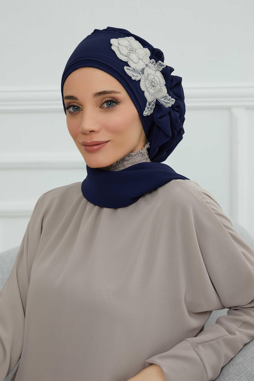 Side Frilled Instant Turban Chiffon Scarf Head Turbans with Unique Flower Accessory For Women Headwear Stylish Elegant Design,HT-102 Navy Blue-Silver
