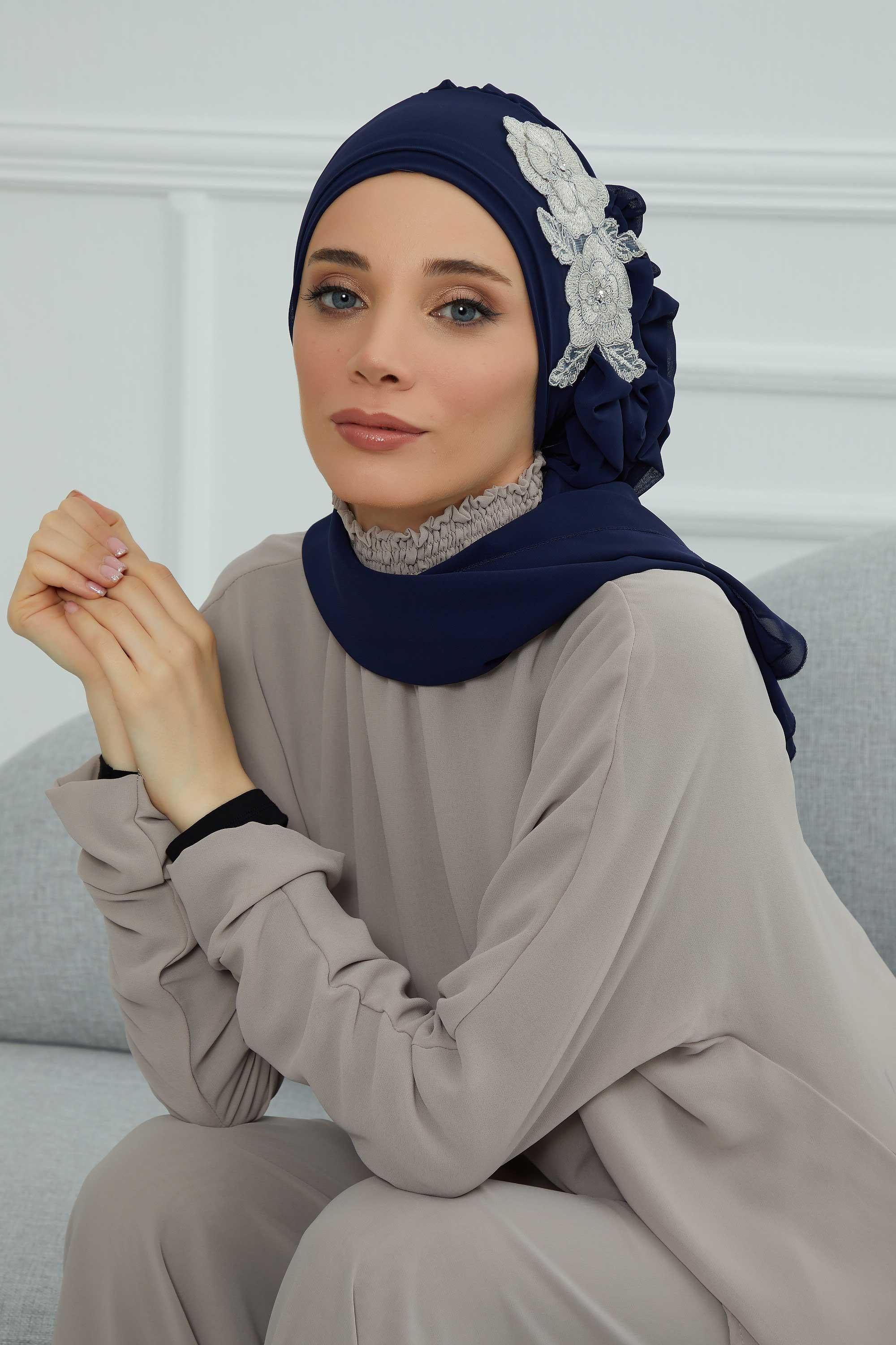 Side Frilled Instant Turban Chiffon Scarf Head Turbans with Unique Flower Accessory For Women Headwear Stylish Elegant Design,HT-102