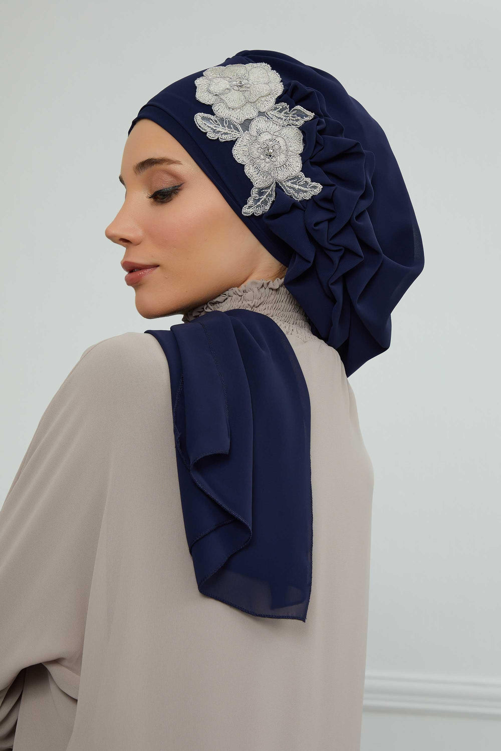 Side Frilled Instant Turban Chiffon Scarf Head Turbans with Unique Flower Accessory For Women Headwear Stylish Elegant Design,HT-102