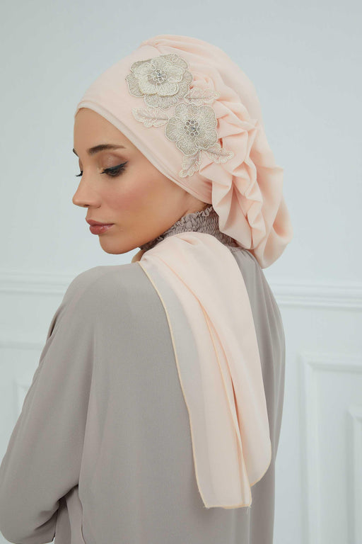 Side Frilled Instant Turban Chiffon Scarf Head Turbans with Unique Flower Accessory For Women Headwear Stylish Elegant Design,HT-102 Beige-Gold