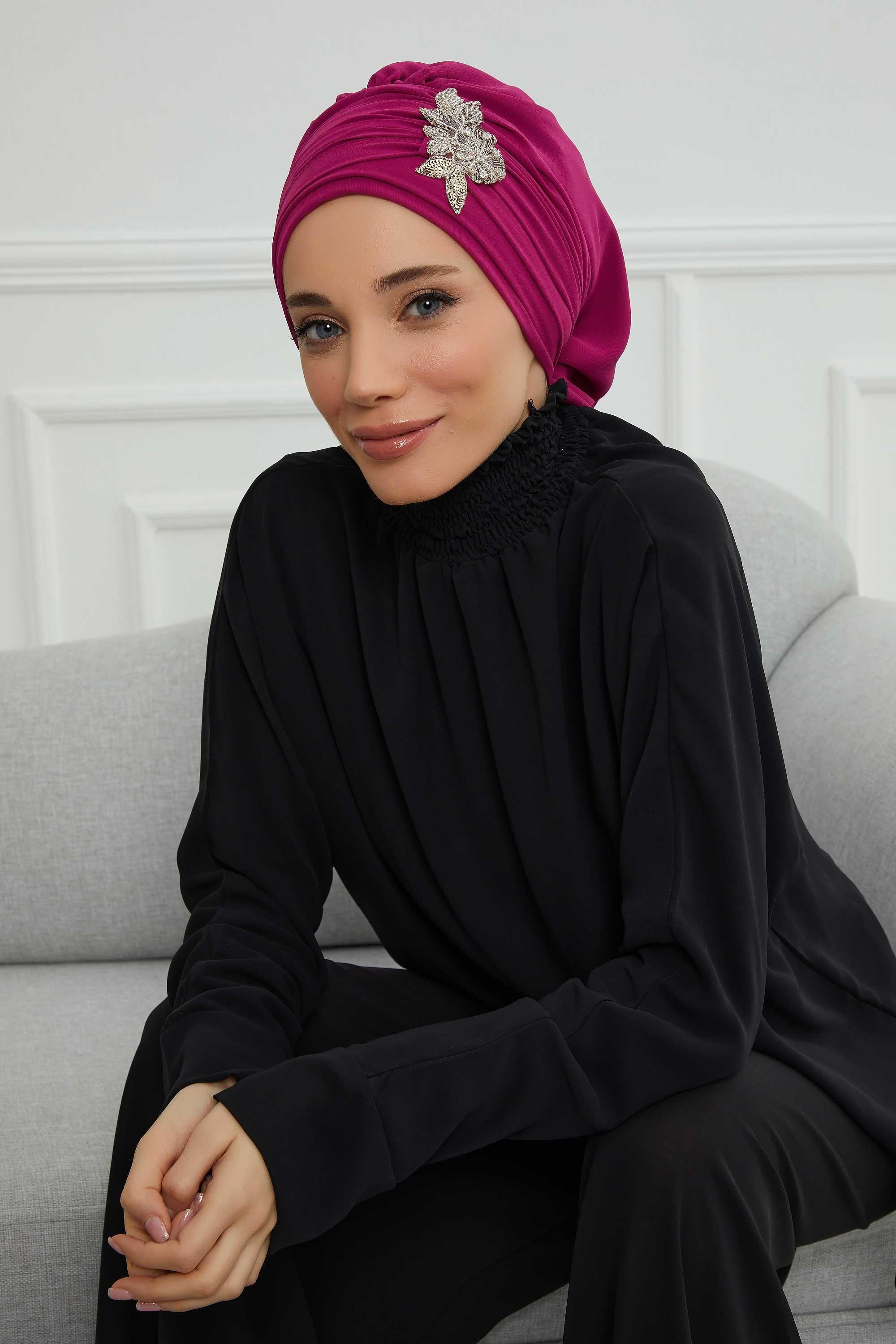 Side Frilled Instant Turban Chiffon Scarf Head Turbans with Unique Jewellery Stone Accessory For Women Headwear Stylish Design,HT-105 Fuchsia