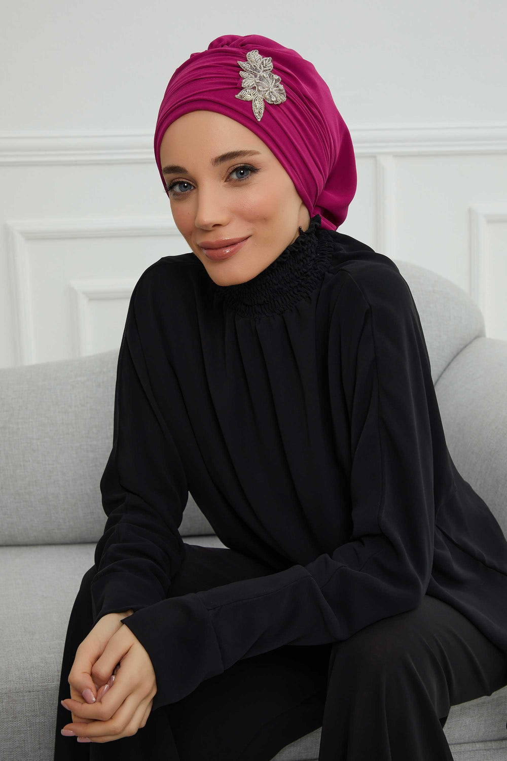 Side Frilled Instant Turban Chiffon Scarf Head Turbans with Unique Jewellery Stone Accessory For Women Headwear Stylish Design,HT-105 Fuchsia