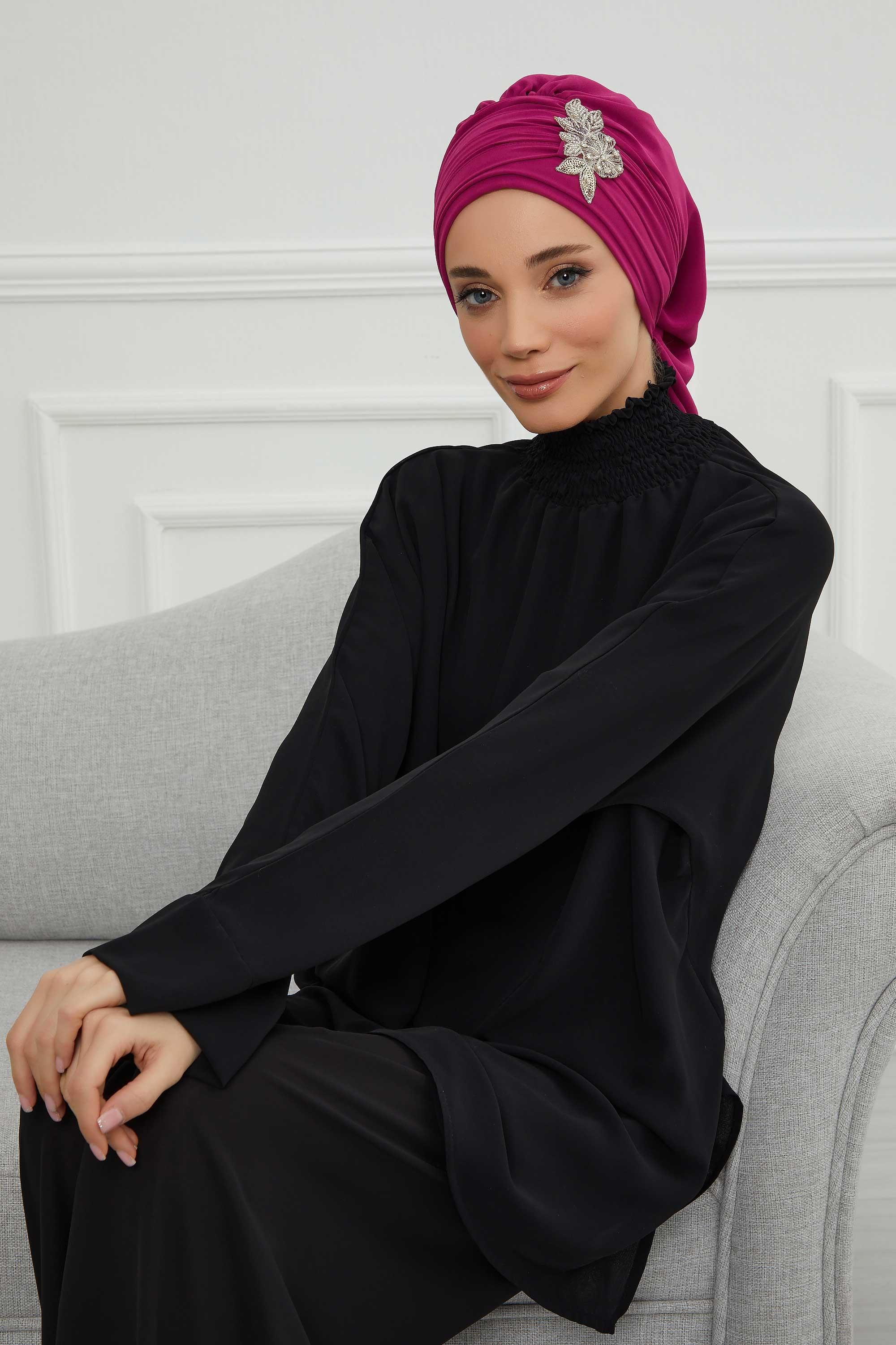 Side Frilled Instant Turban Chiffon Scarf Head Turbans with Unique Jewellery Stone Accessory For Women Headwear Stylish Design,HT-105