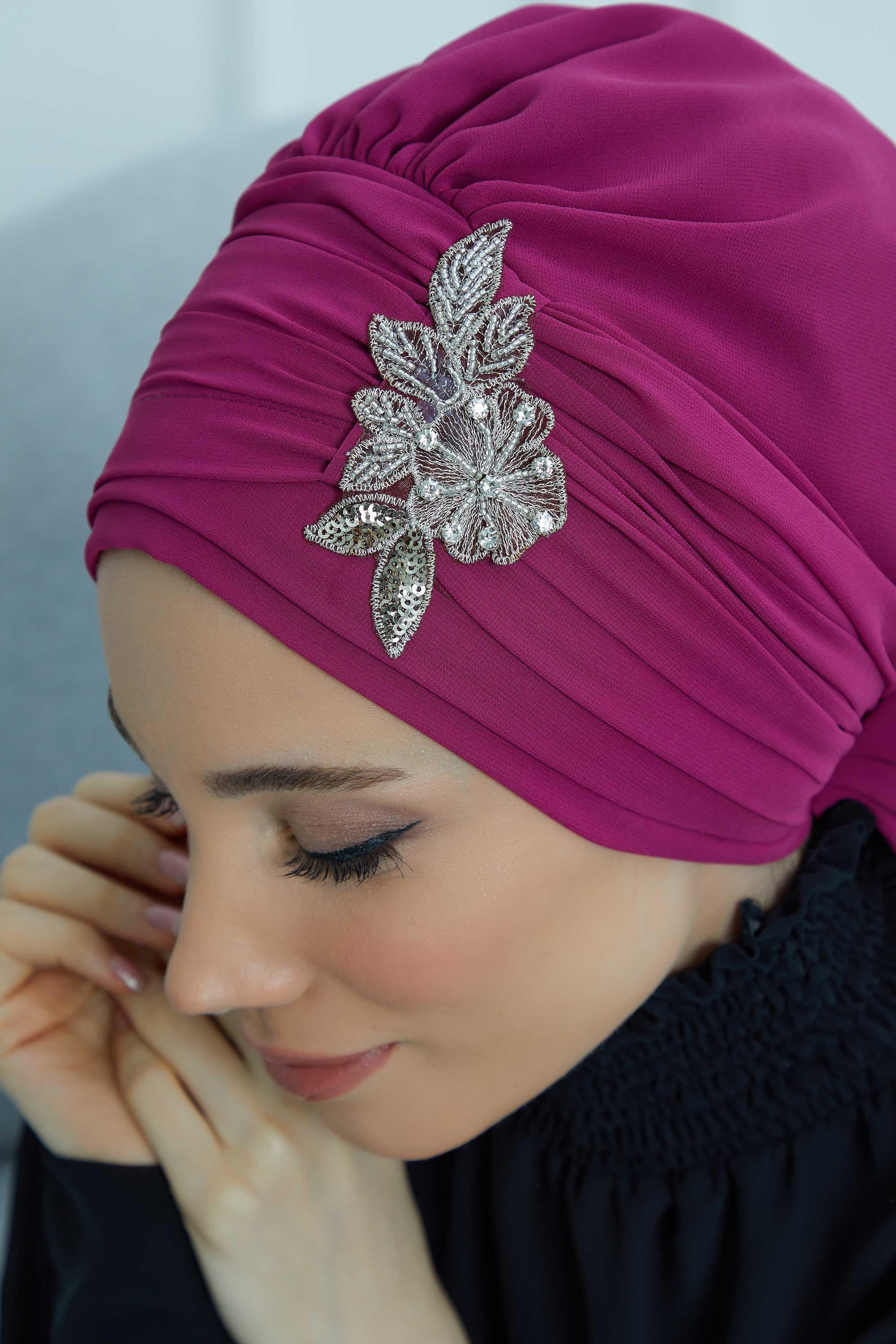 Side Frilled Instant Turban Chiffon Scarf Head Turbans with Unique Jewellery Stone Accessory For Women Headwear Stylish Design,HT-105