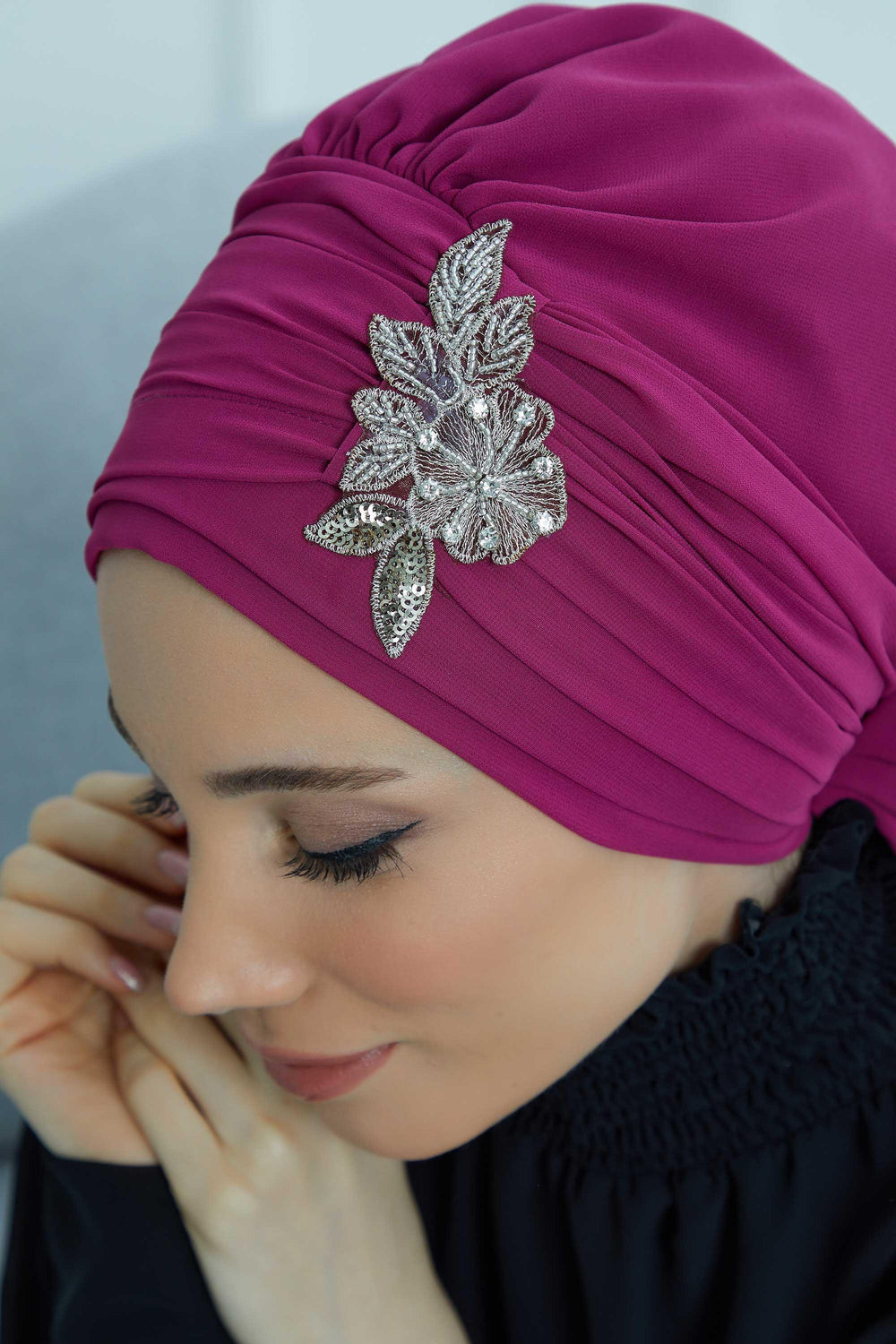 Side Frilled Instant Turban Chiffon Scarf Head Turbans with Unique Jewellery Stone Accessory For Women Headwear Stylish Design,HT-105