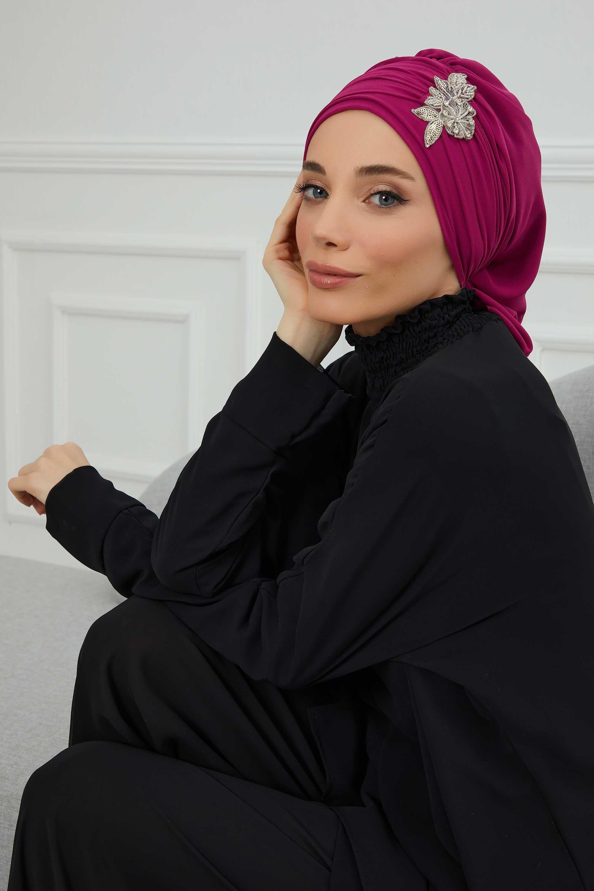 Side Frilled Instant Turban Chiffon Scarf Head Turbans with Unique Jewellery Stone Accessory For Women Headwear Stylish Design,HT-105