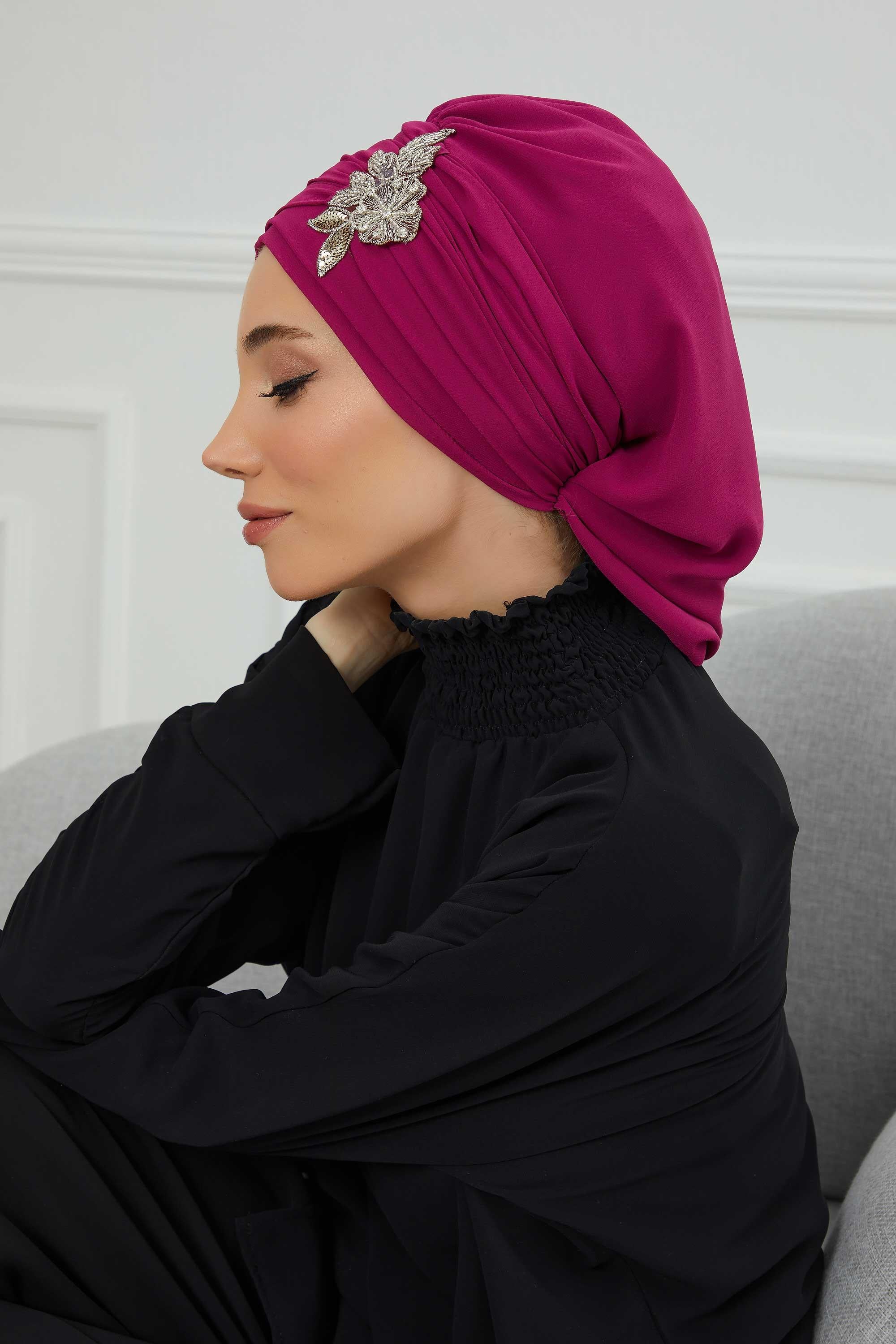 Side Frilled Instant Turban Chiffon Scarf Head Turbans with Unique Jewellery Stone Accessory For Women Headwear Stylish Design,HT-105