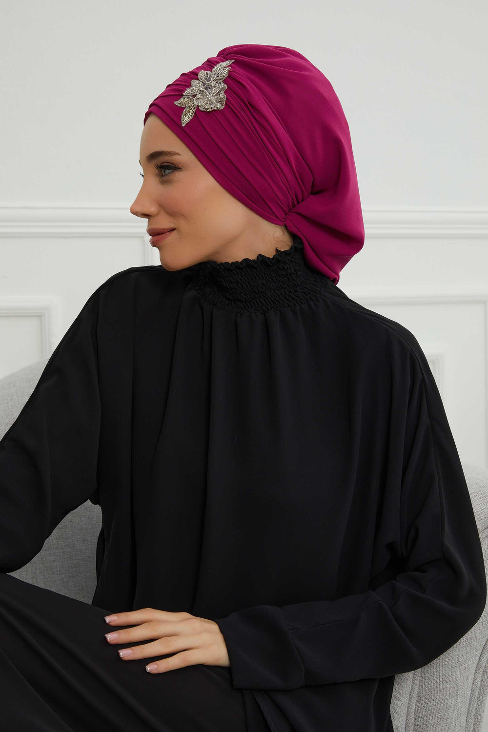 Side Frilled Instant Turban Chiffon Scarf Head Turbans with Unique Jewellery Stone Accessory For Women Headwear Stylish Design,HT-105