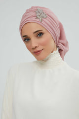 Side Frilled Instant Turban Chiffon Scarf Head Turbans with Unique Jewellery Stone Accessory For Women Headwear Stylish Design,HT-105 Powder