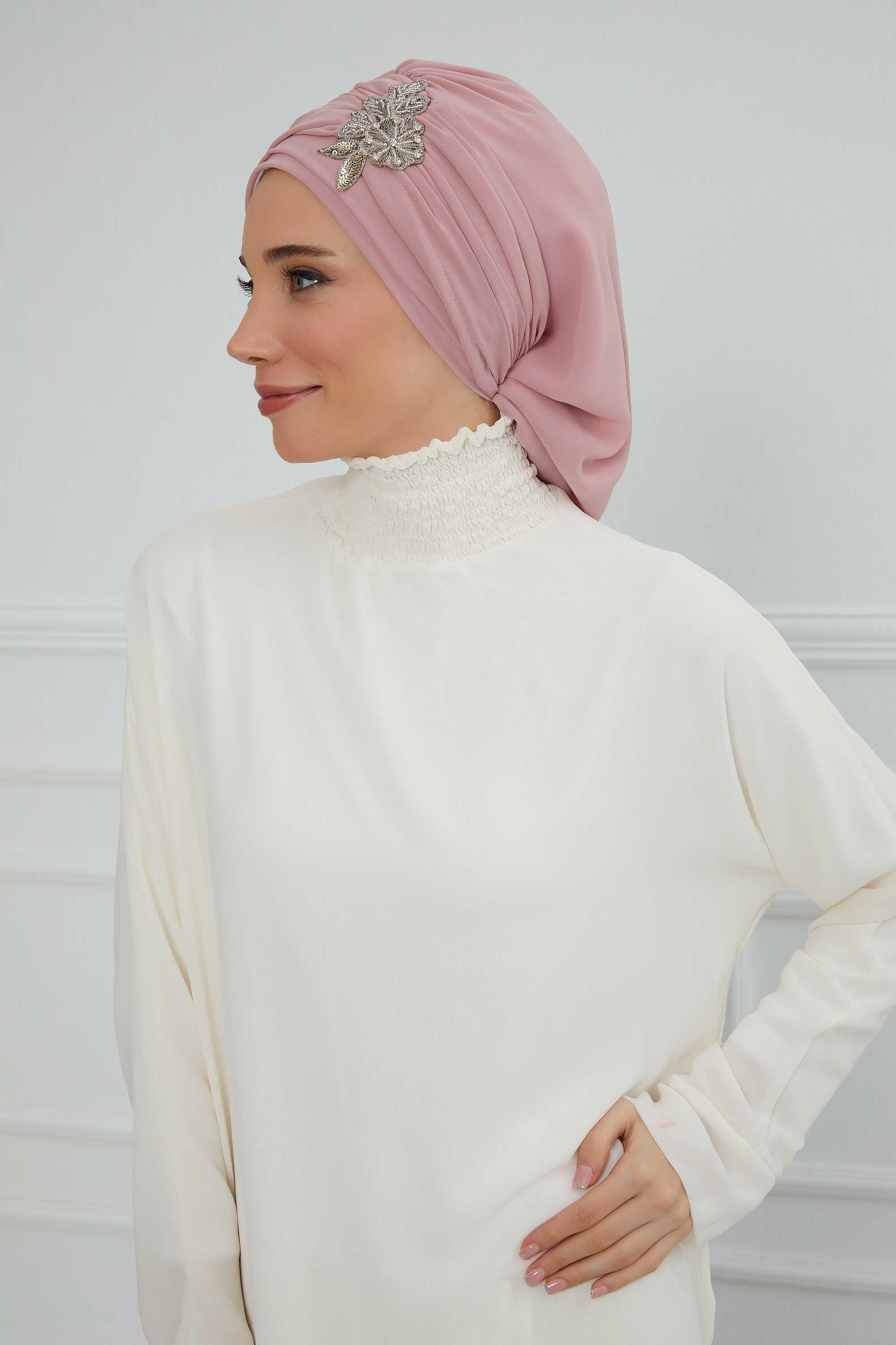 Side Frilled Instant Turban Chiffon Scarf Head Turbans with Unique Jewellery Stone Accessory For Women Headwear Stylish Design,HT-105