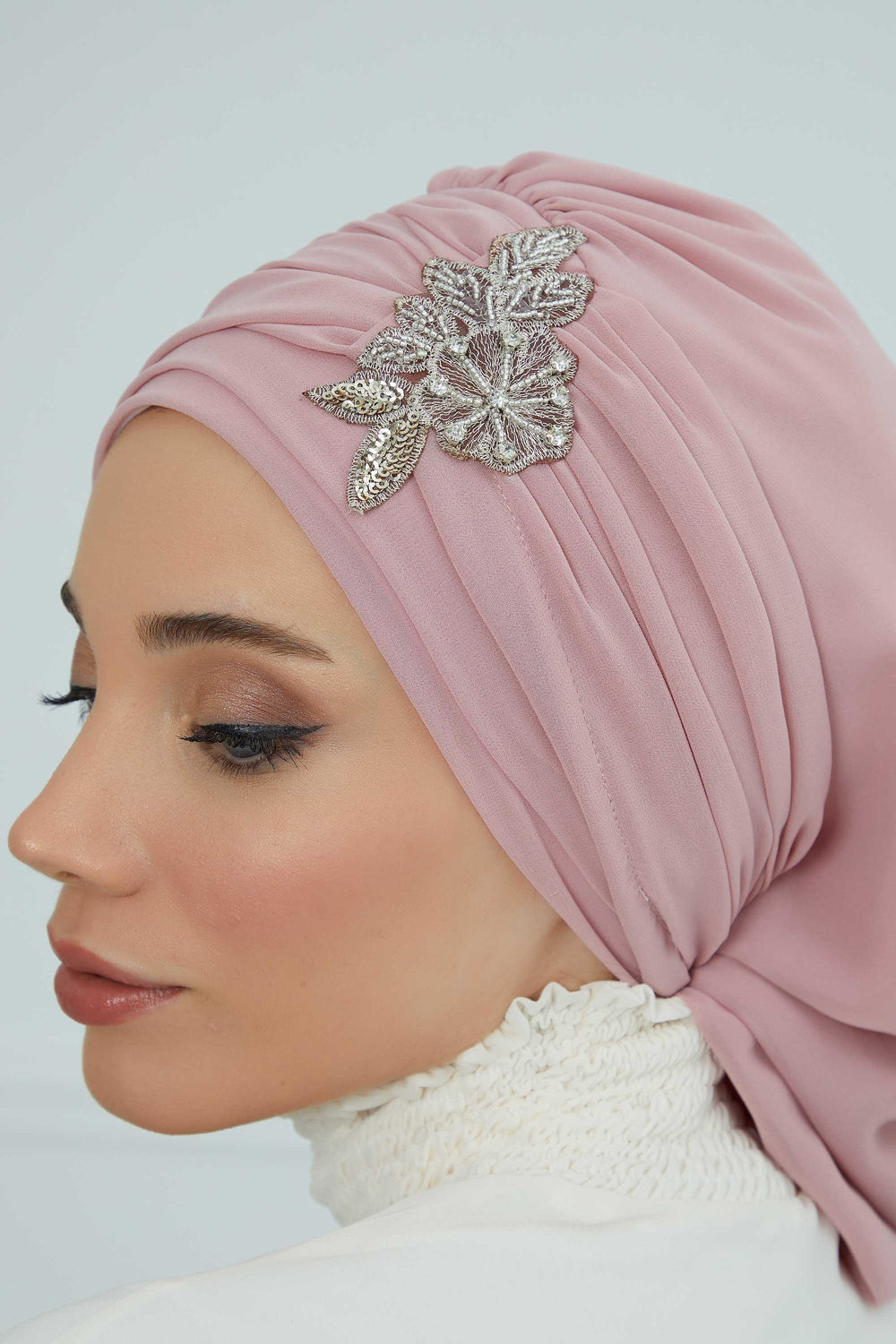 Side Frilled Instant Turban Chiffon Scarf Head Turbans with Unique Jewellery Stone Accessory For Women Headwear Stylish Design,HT-105