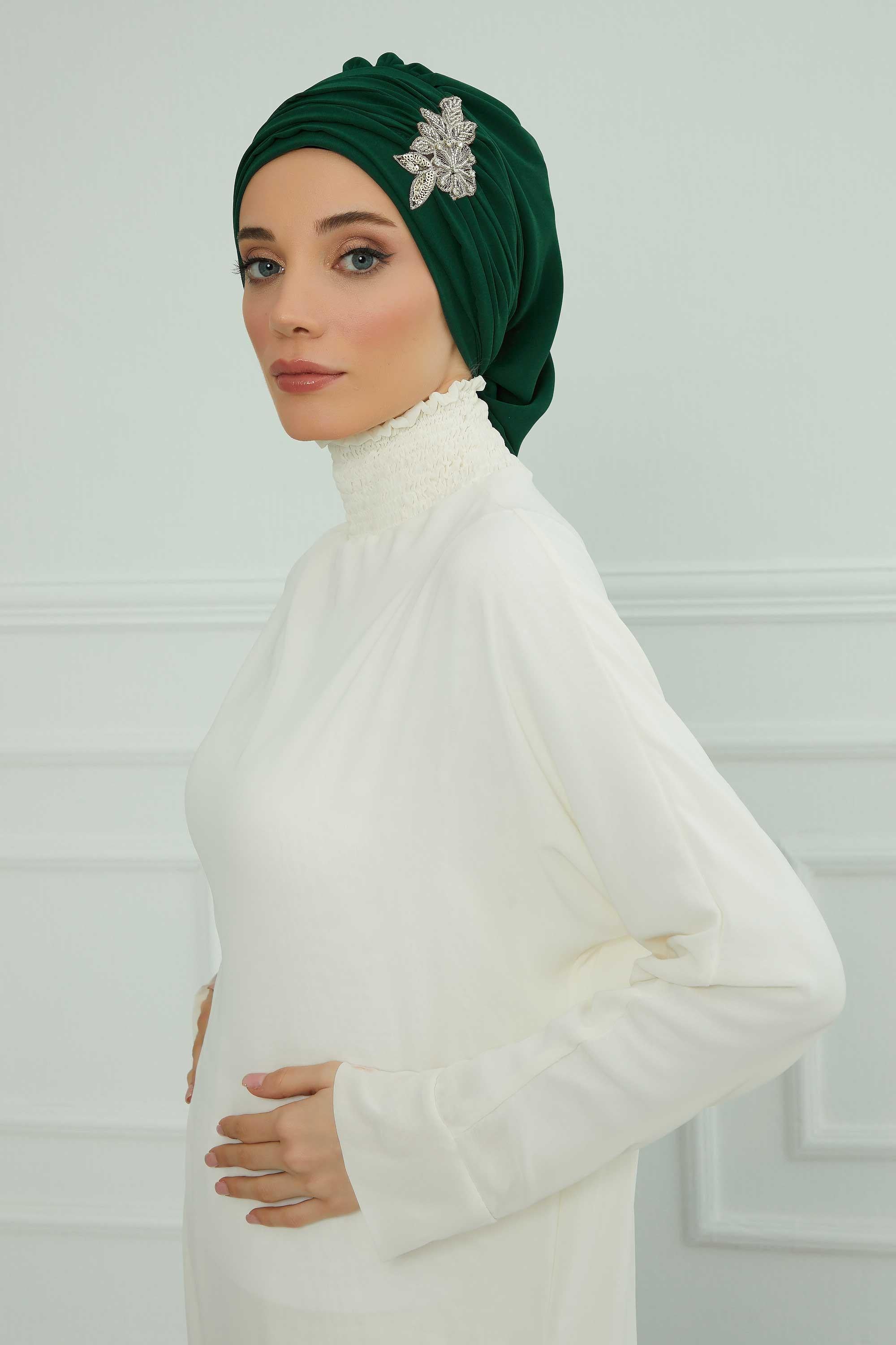Side Frilled Instant Turban Chiffon Scarf Head Turbans with Unique Jewellery Stone Accessory For Women Headwear Stylish Design,HT-105 Dark Green