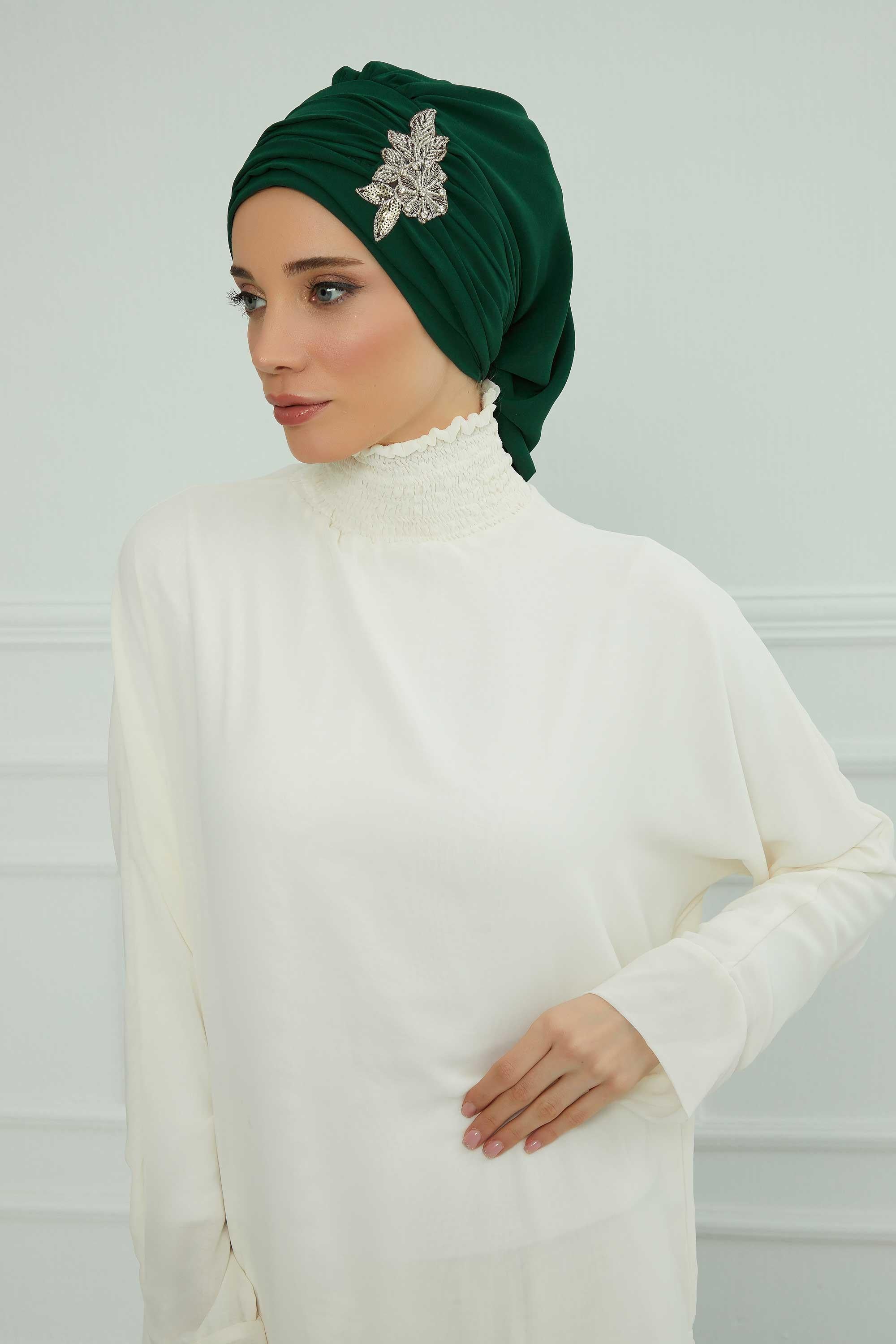 Side Frilled Instant Turban Chiffon Scarf Head Turbans with Unique Jewellery Stone Accessory For Women Headwear Stylish Design,HT-105