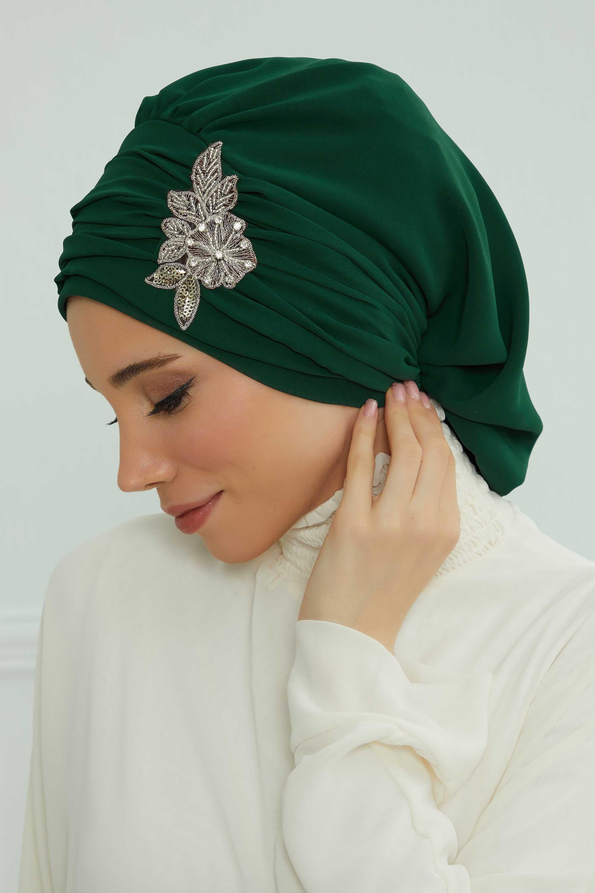Side Frilled Instant Turban Chiffon Scarf Head Turbans with Unique Jewellery Stone Accessory For Women Headwear Stylish Design,HT-105