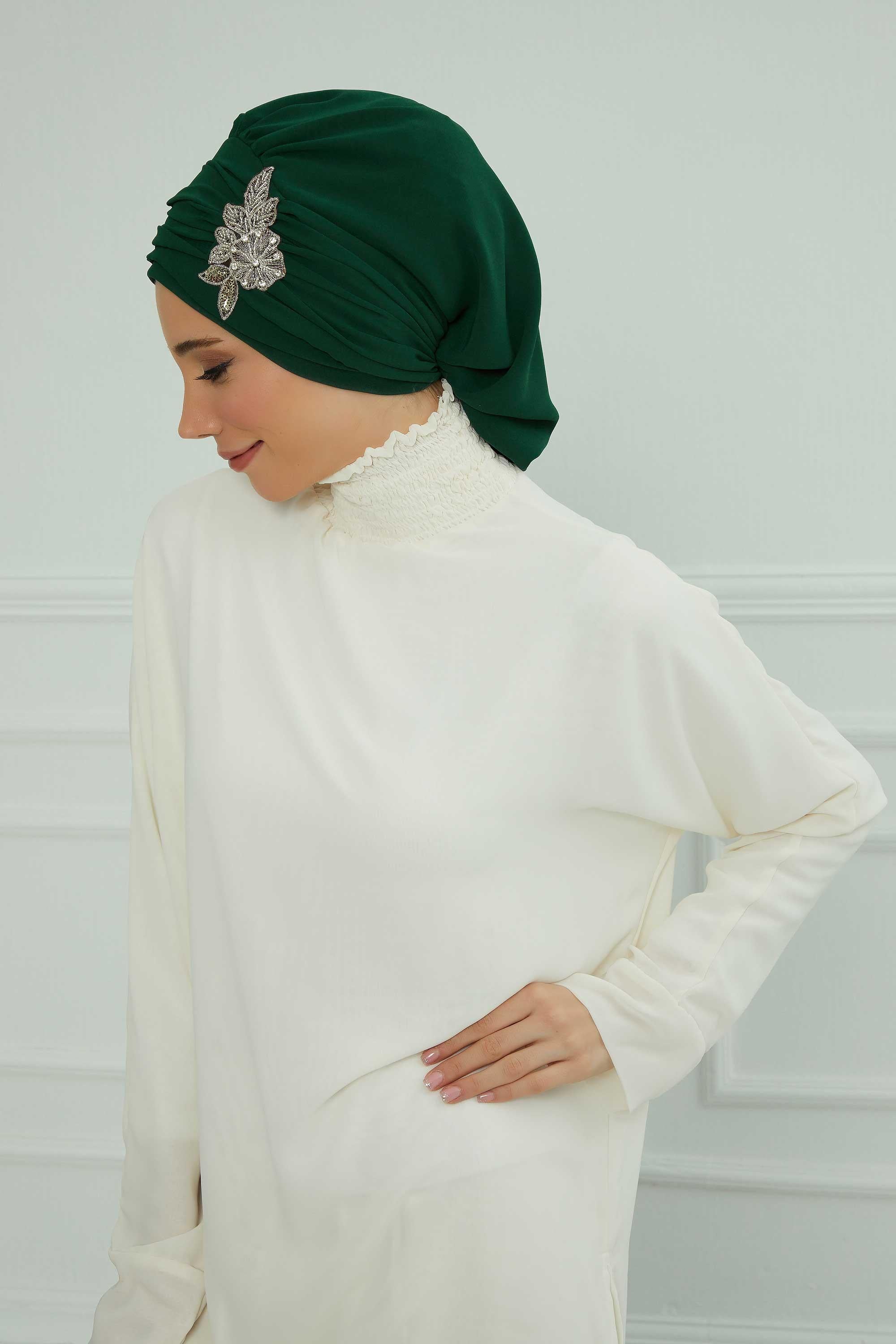 Side Frilled Instant Turban Chiffon Scarf Head Turbans with Unique Jewellery Stone Accessory For Women Headwear Stylish Design,HT-105