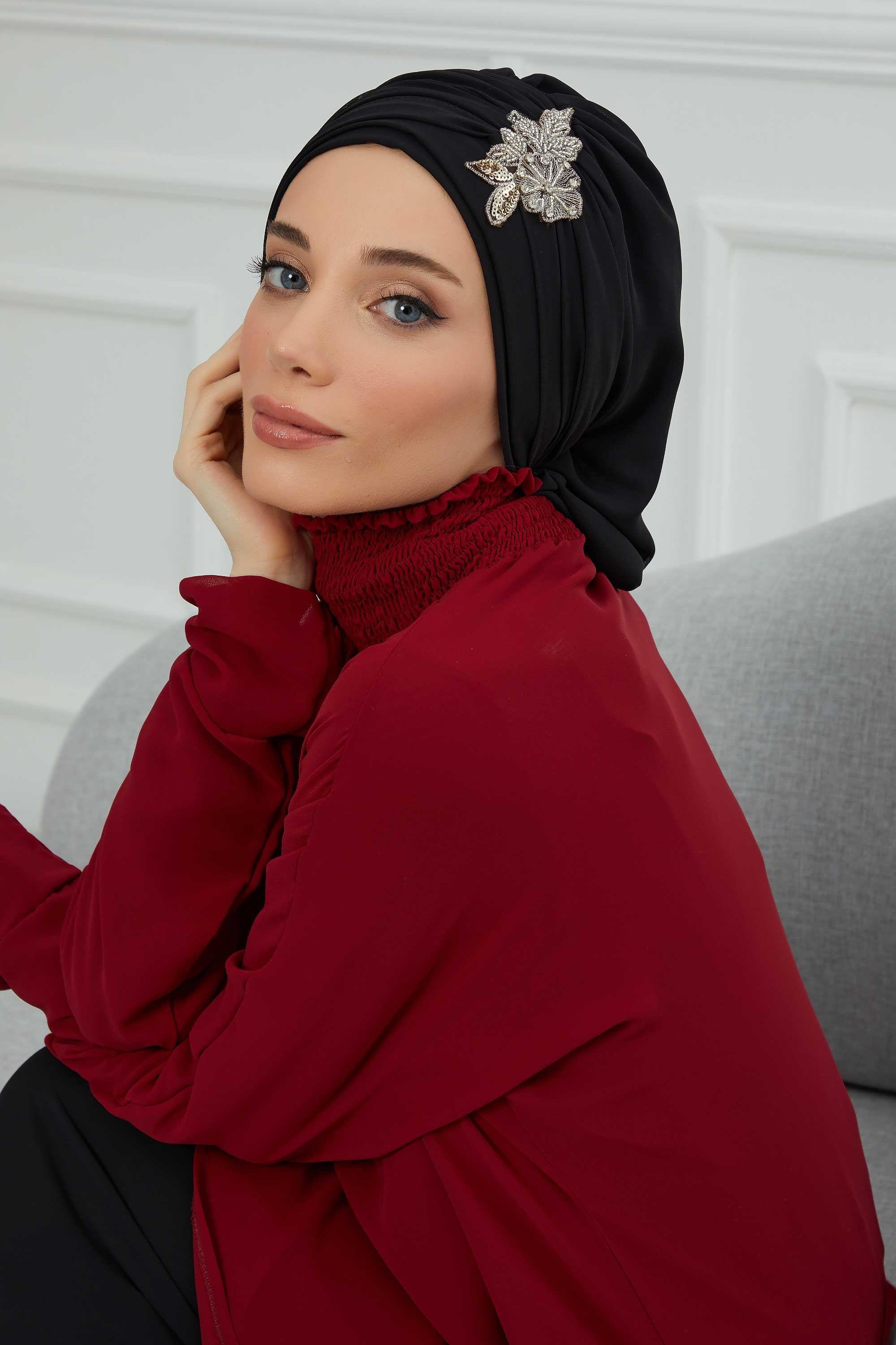Side Frilled Instant Turban Chiffon Scarf Head Turbans with Unique Jewellery Stone Accessory For Women Headwear Stylish Design,HT-105 Black