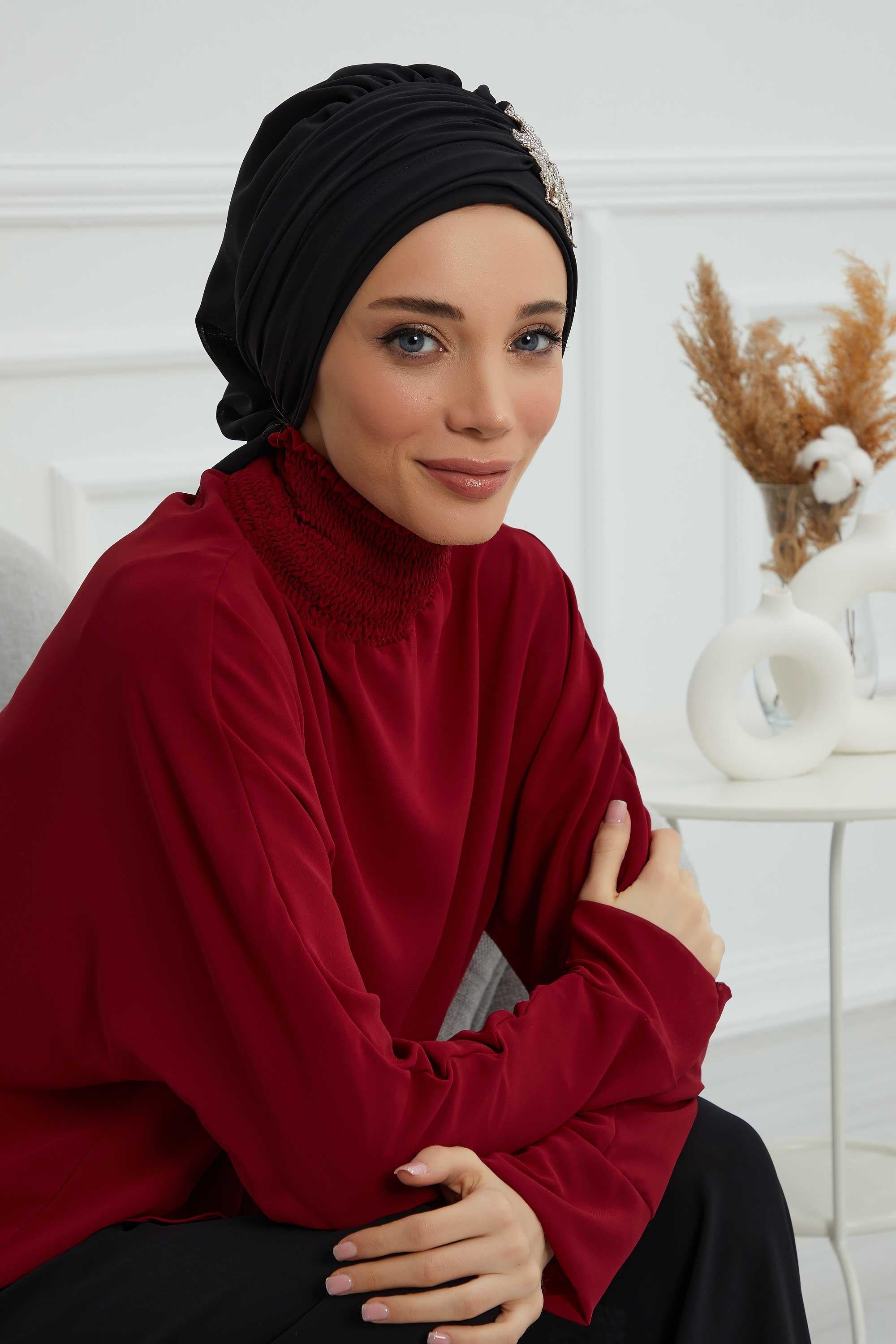 Side Frilled Instant Turban Chiffon Scarf Head Turbans with Unique Jewellery Stone Accessory For Women Headwear Stylish Design,HT-105