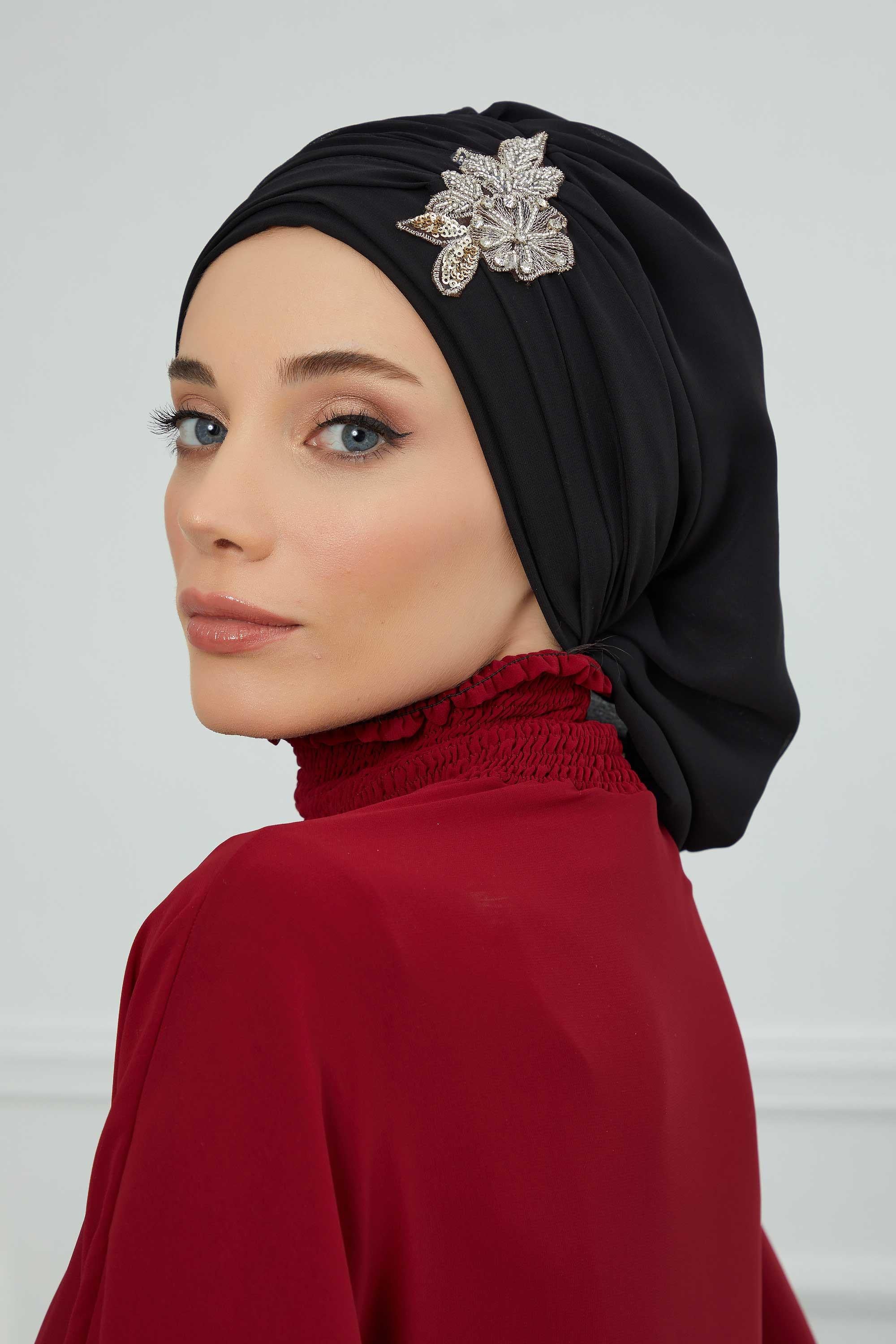 Side Frilled Instant Turban Chiffon Scarf Head Turbans with Unique Jewellery Stone Accessory For Women Headwear Stylish Design,HT-105