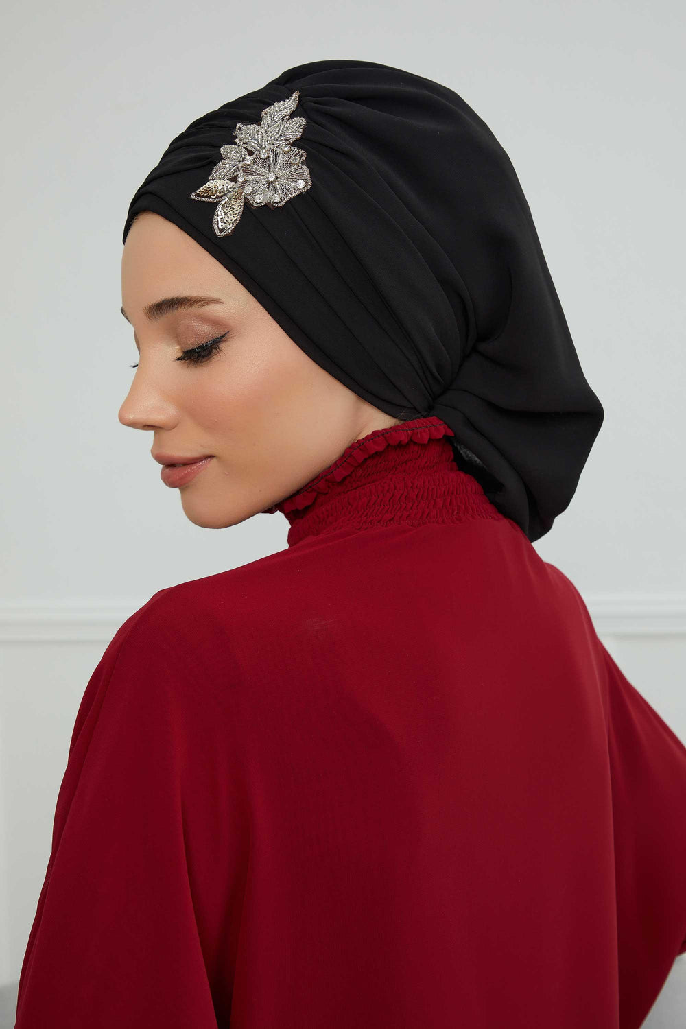 Side Frilled Instant Turban Chiffon Scarf Head Turbans with Unique Jewellery Stone Accessory For Women Headwear Stylish Design,HT-105