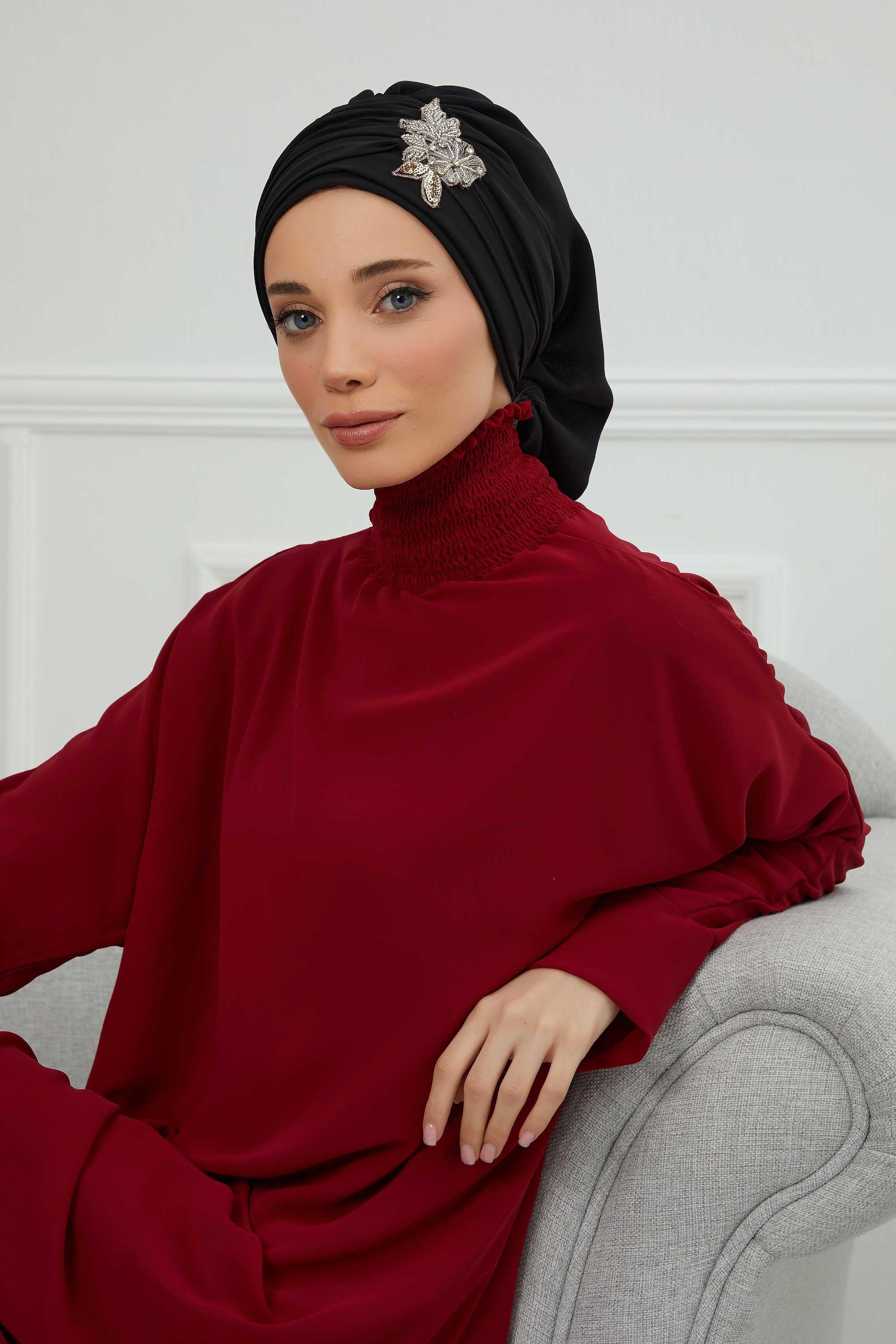 Side Frilled Instant Turban Chiffon Scarf Head Turbans with Unique Jewellery Stone Accessory For Women Headwear Stylish Design,HT-105