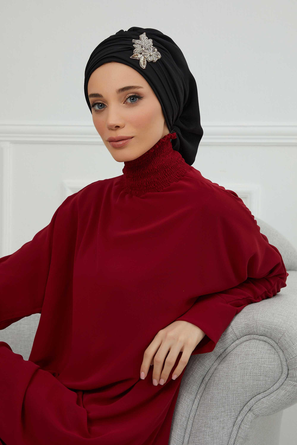 Side Frilled Instant Turban Chiffon Scarf Head Turbans with Unique Jewellery Stone Accessory For Women Headwear Stylish Design,HT-105