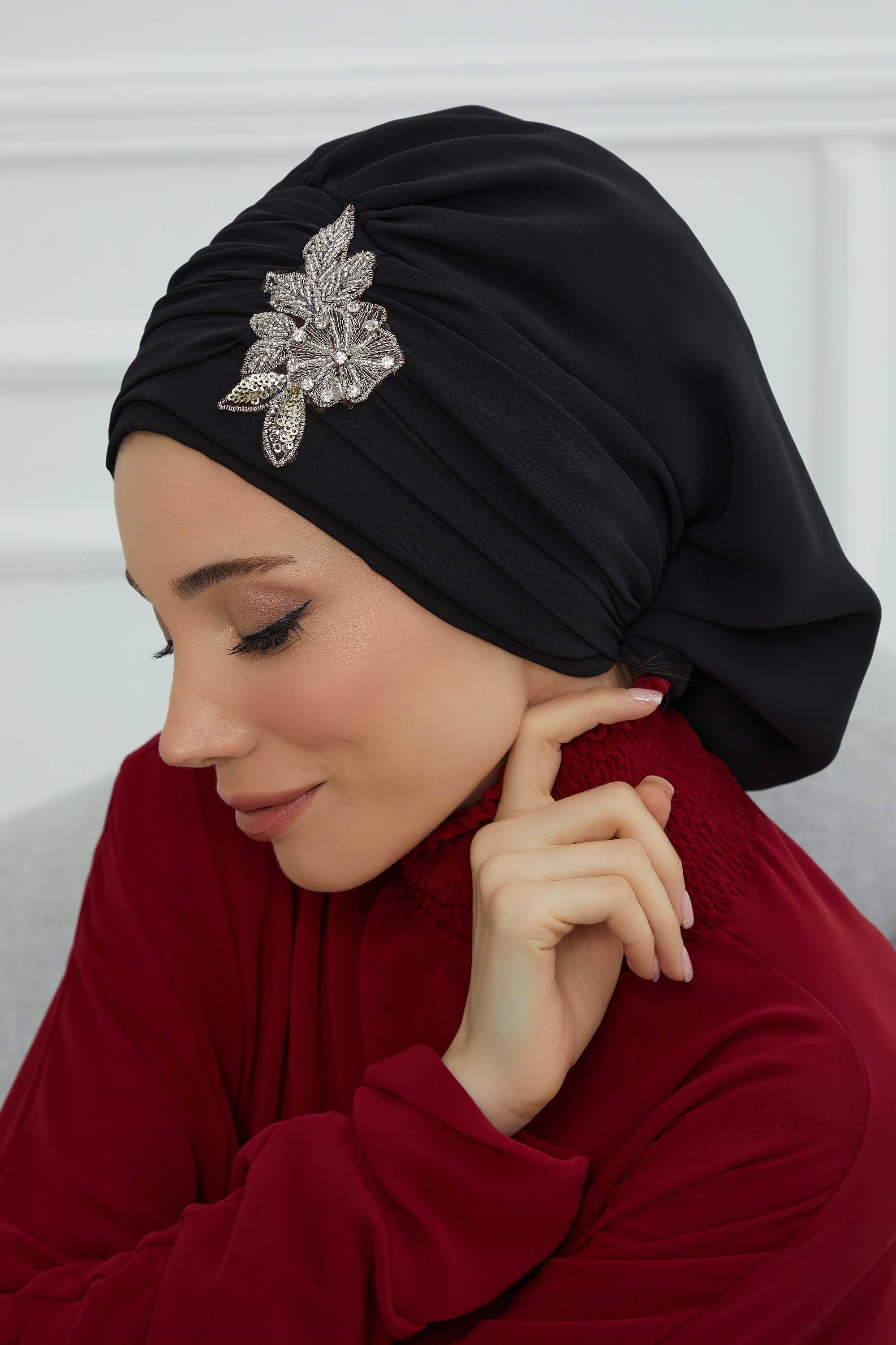 Side Frilled Instant Turban Chiffon Scarf Head Turbans with Unique Jewellery Stone Accessory For Women Headwear Stylish Design,HT-105