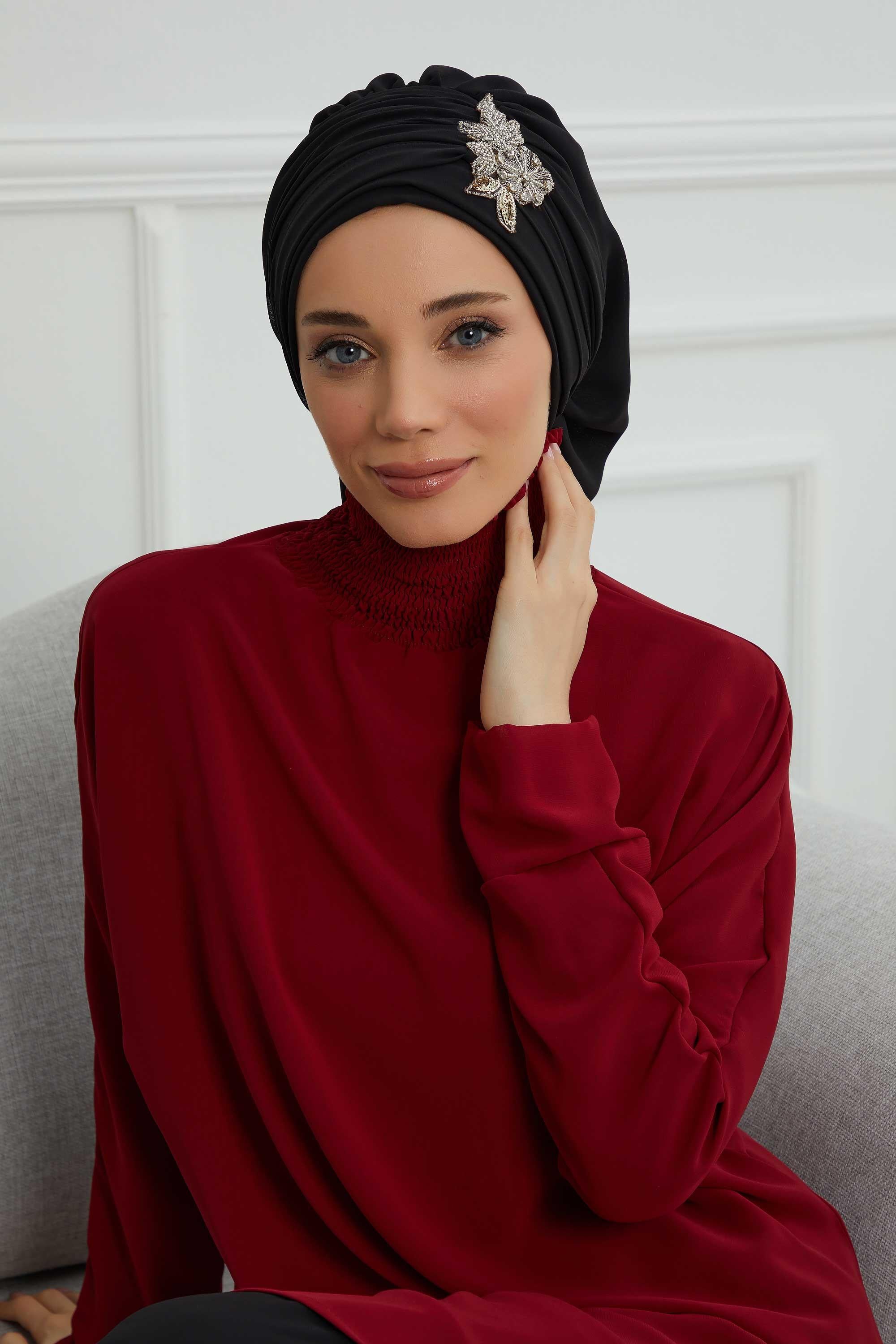 Side Frilled Instant Turban Chiffon Scarf Head Turbans with Unique Jewellery Stone Accessory For Women Headwear Stylish Design,HT-105