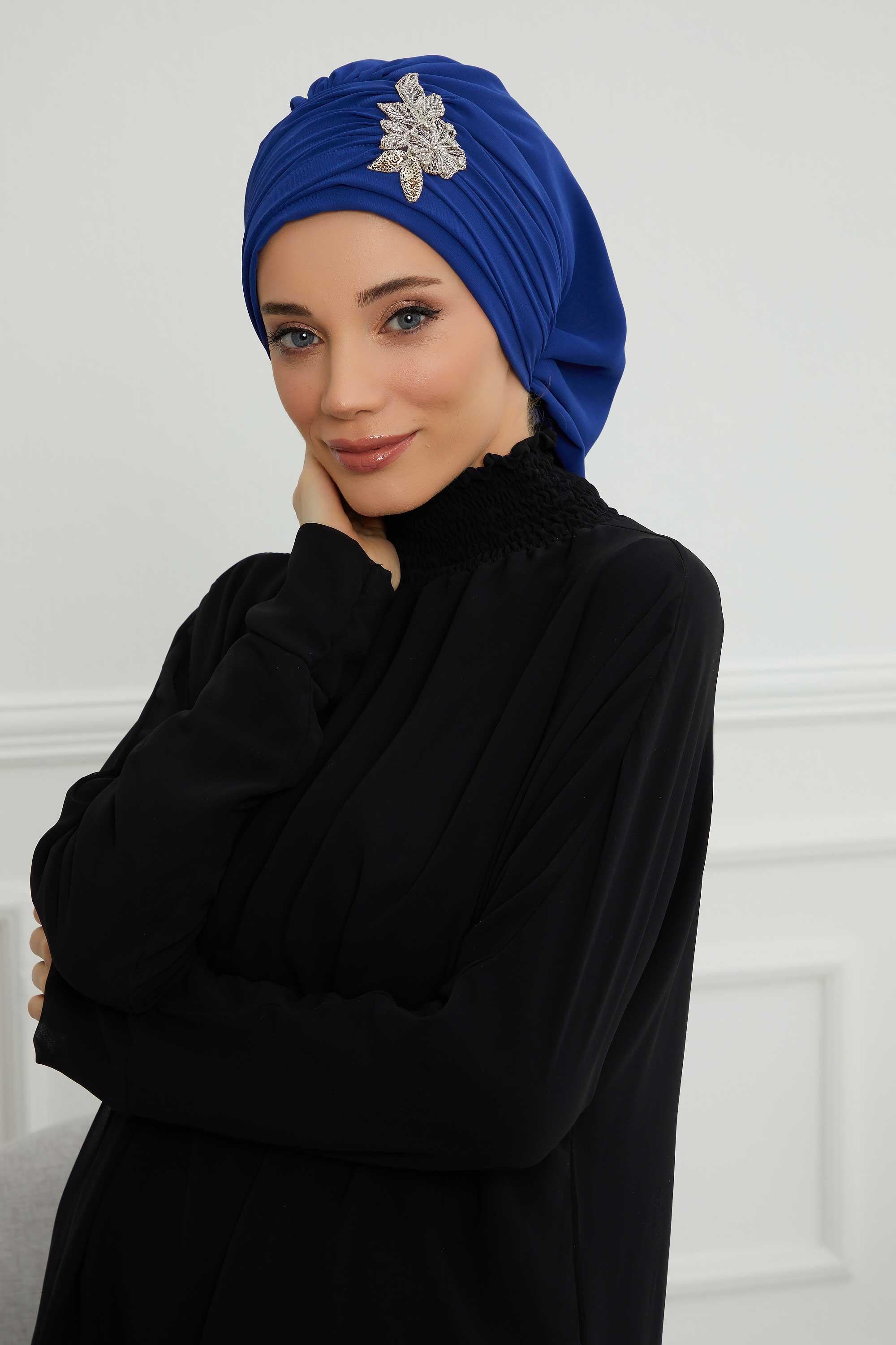 Side Frilled Instant Turban Chiffon Scarf Head Turbans with Unique Jewellery Stone Accessory For Women Headwear Stylish Design,HT-105 Sax Blue
