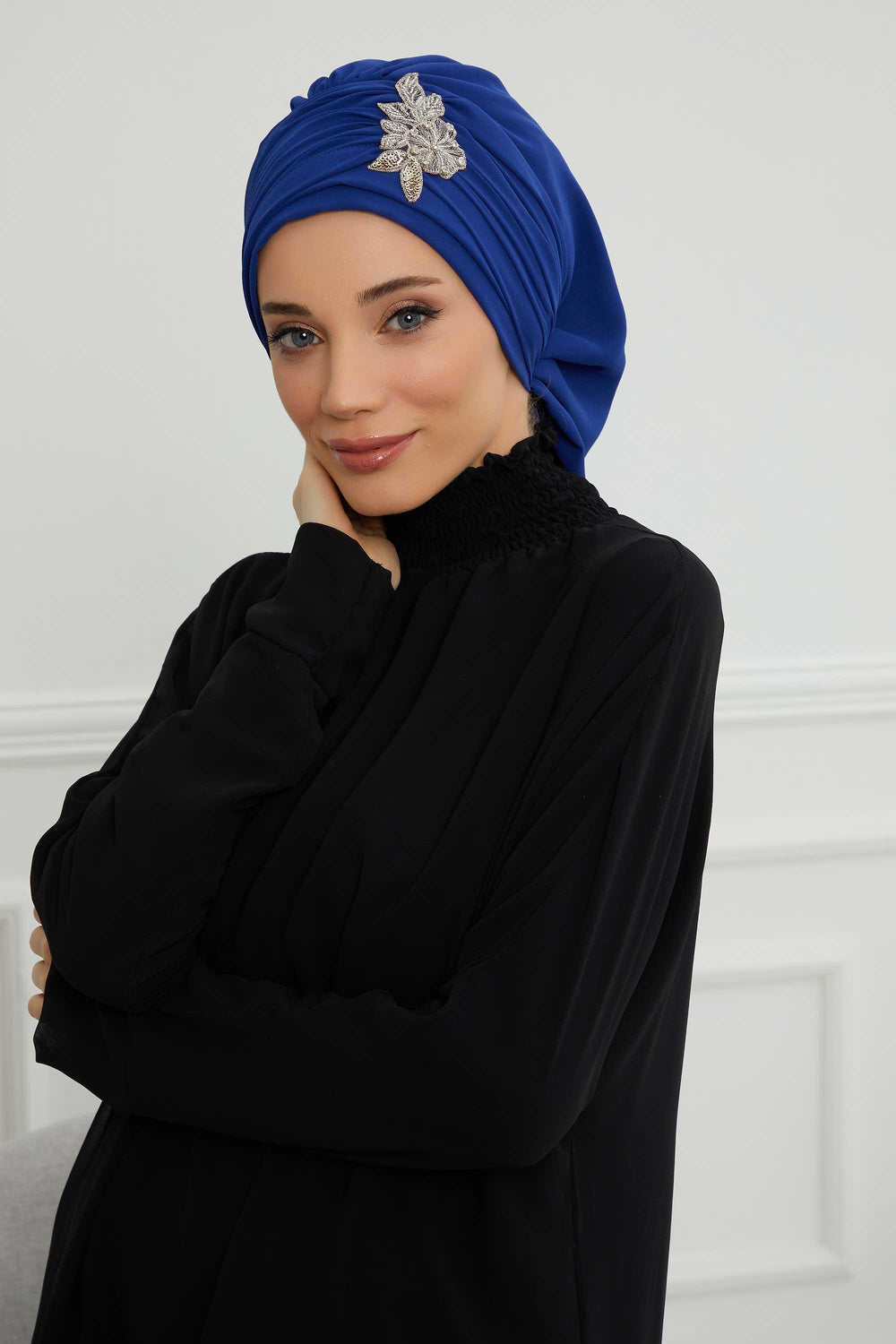 Side Frilled Instant Turban Chiffon Scarf Head Turbans with Unique Jewellery Stone Accessory For Women Headwear Stylish Design,HT-105 Sax Blue
