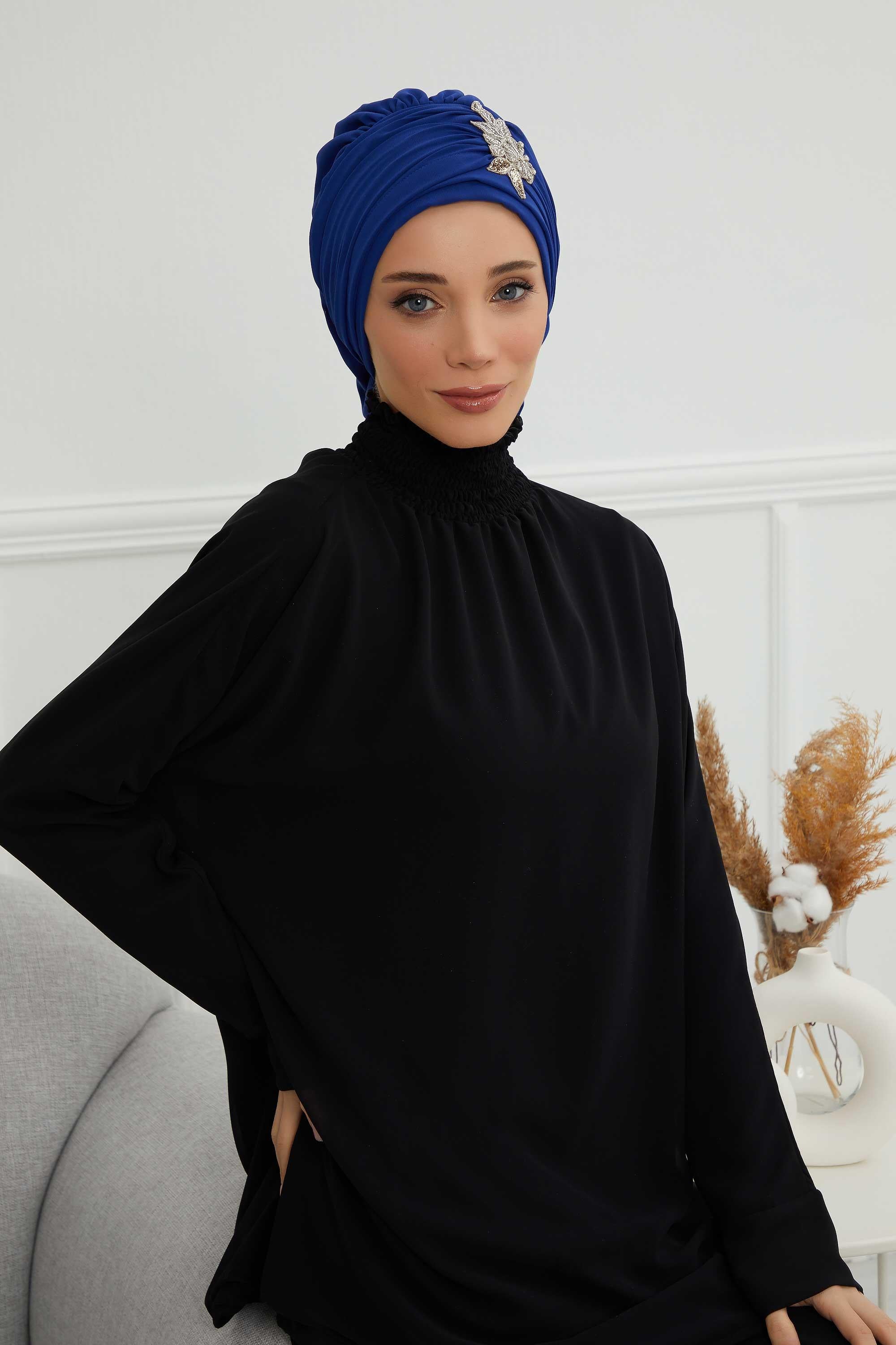 Side Frilled Instant Turban Chiffon Scarf Head Turbans with Unique Jewellery Stone Accessory For Women Headwear Stylish Design,HT-105