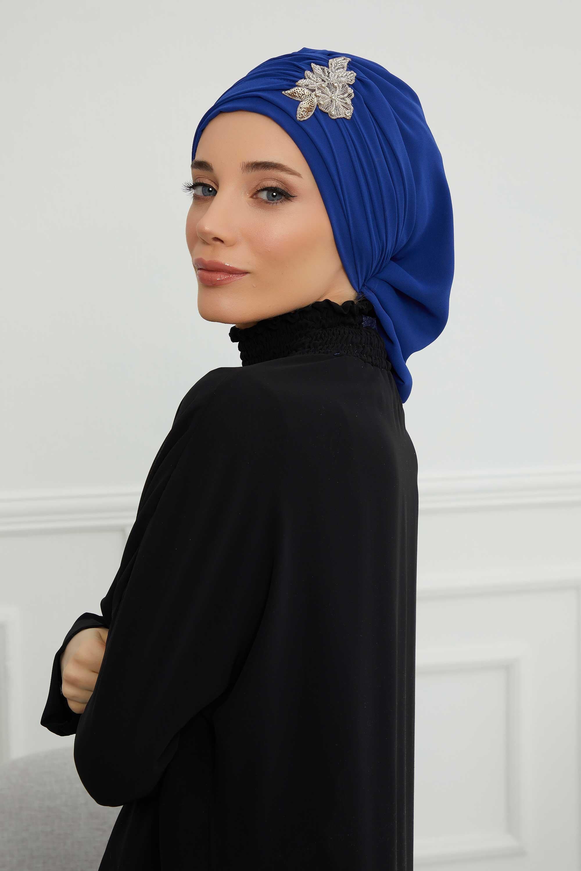 Side Frilled Instant Turban Chiffon Scarf Head Turbans with Unique Jewellery Stone Accessory For Women Headwear Stylish Design,HT-105