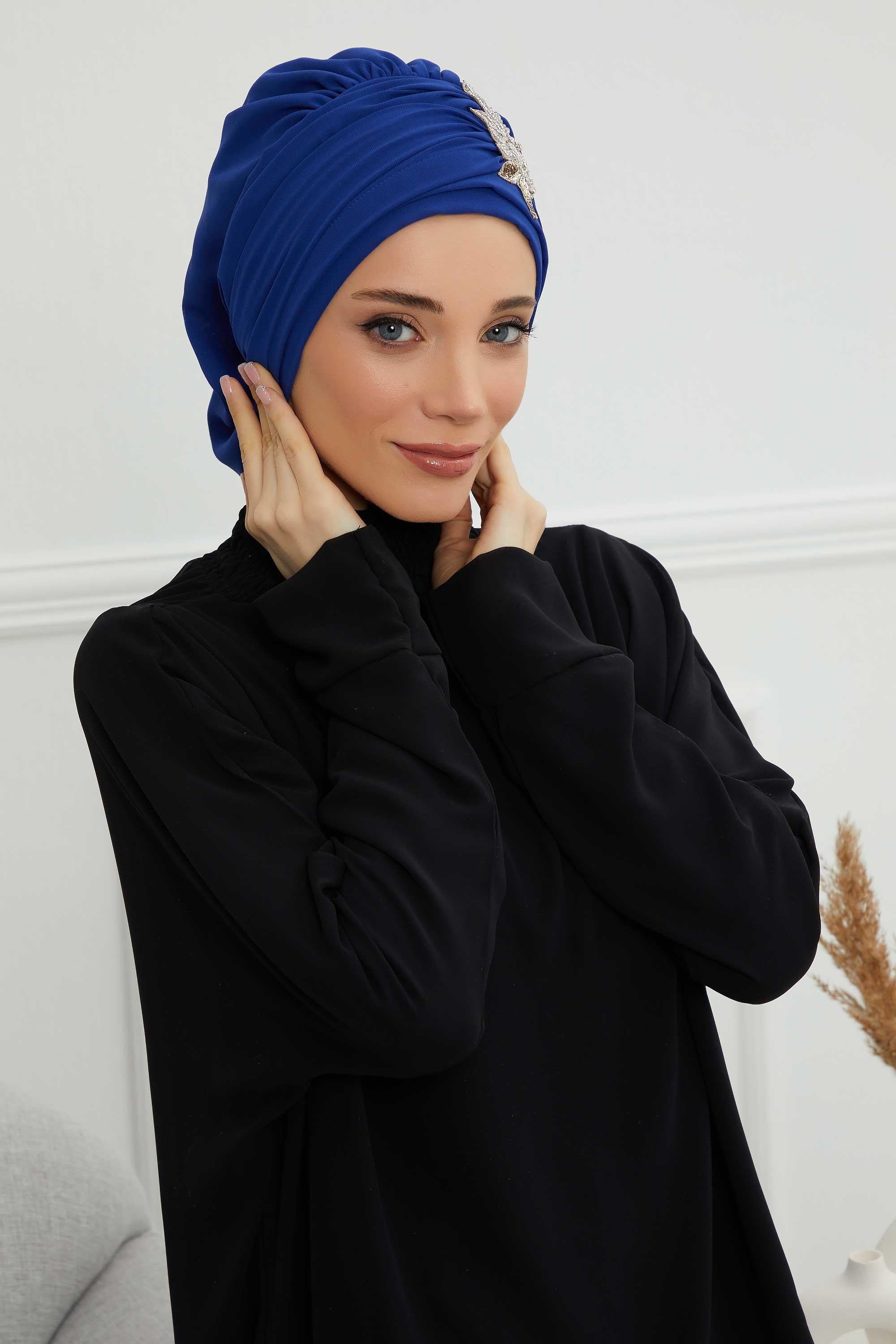 Side Frilled Instant Turban Chiffon Scarf Head Turbans with Unique Jewellery Stone Accessory For Women Headwear Stylish Design,HT-105