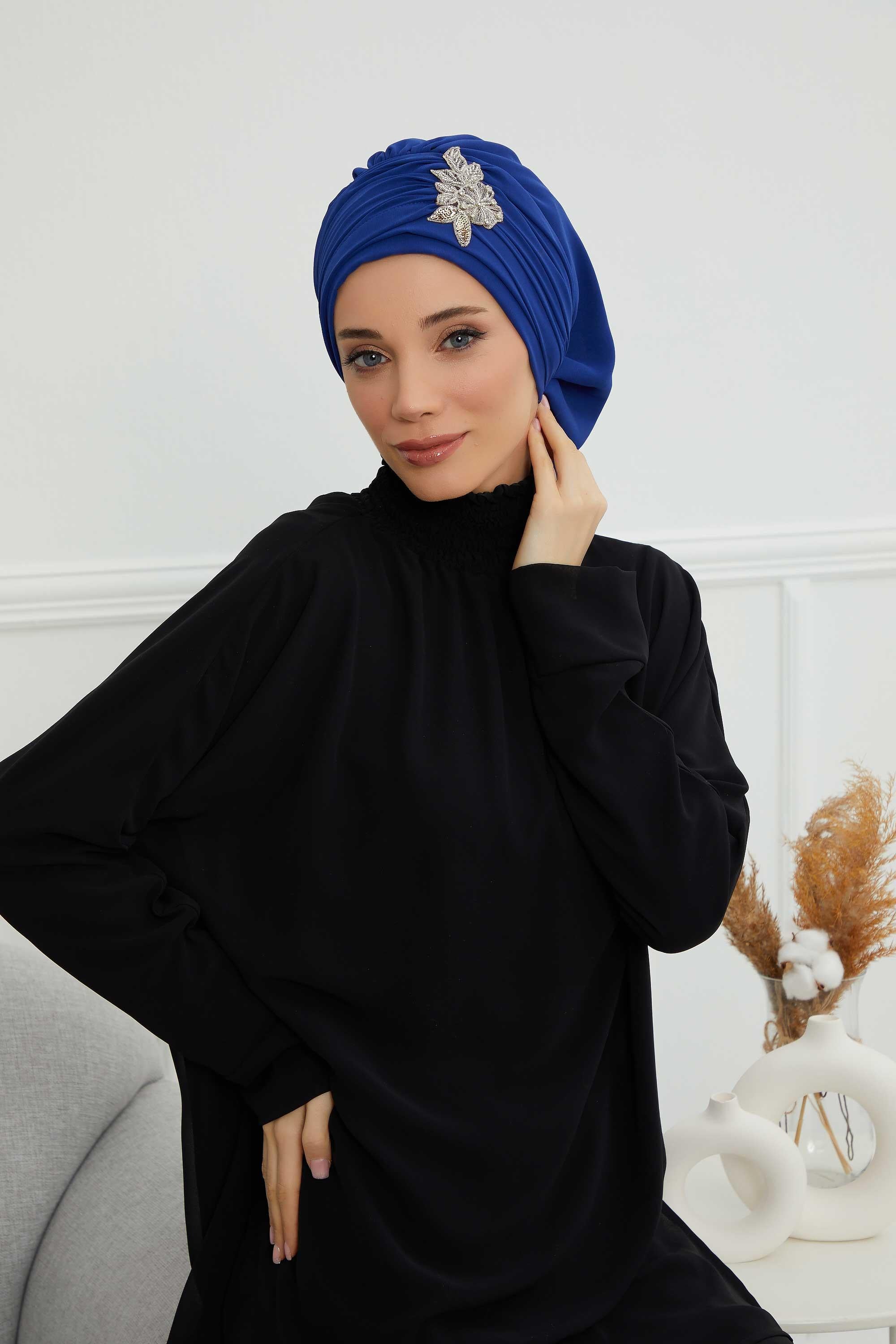 Side Frilled Instant Turban Chiffon Scarf Head Turbans with Unique Jewellery Stone Accessory For Women Headwear Stylish Design,HT-105