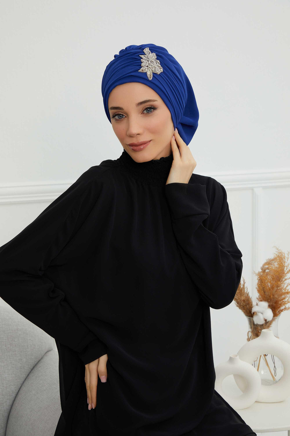 Side Frilled Instant Turban Chiffon Scarf Head Turbans with Unique Jewellery Stone Accessory For Women Headwear Stylish Design,HT-105