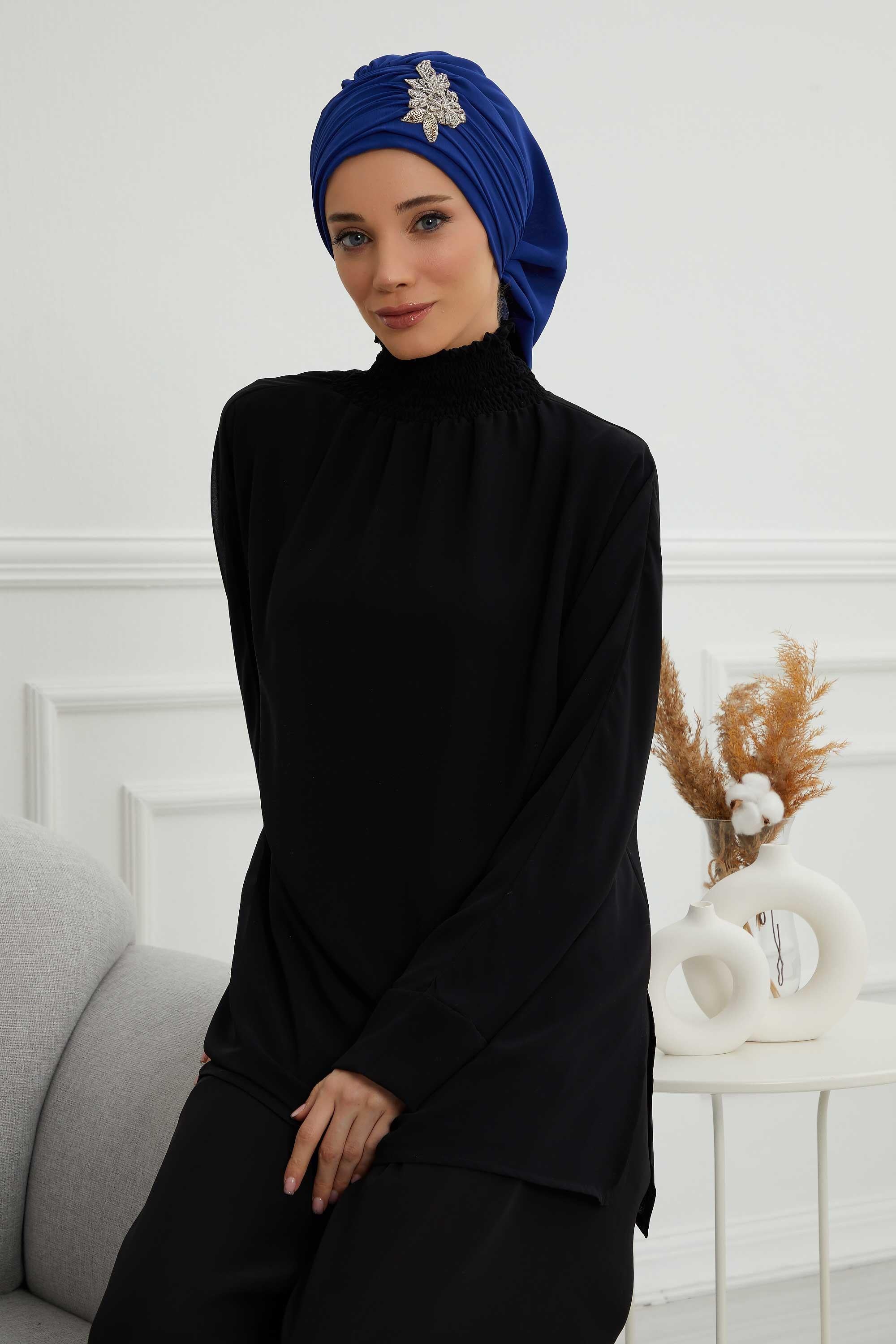 Side Frilled Instant Turban Chiffon Scarf Head Turbans with Unique Jewellery Stone Accessory For Women Headwear Stylish Design,HT-105