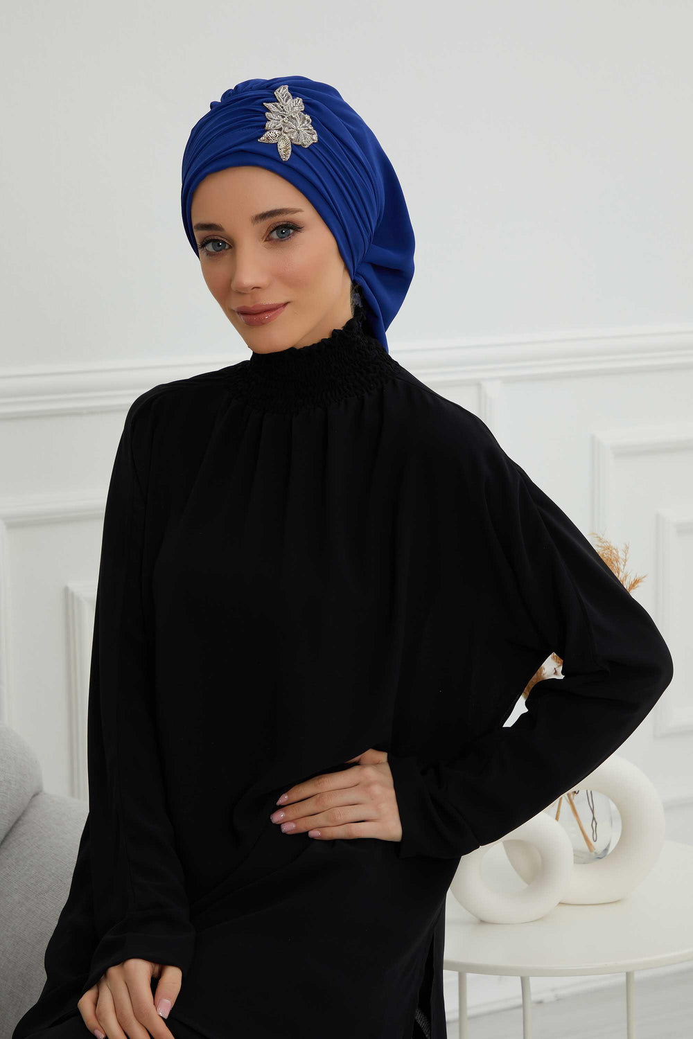 Side Frilled Instant Turban Chiffon Scarf Head Turbans with Unique Jewellery Stone Accessory For Women Headwear Stylish Design,HT-105