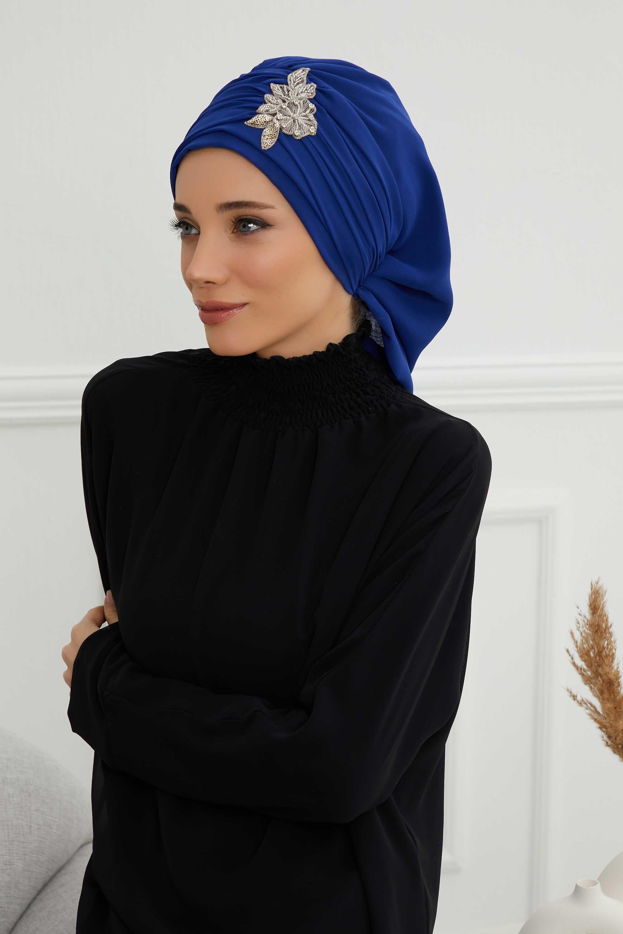 Side Frilled Instant Turban Chiffon Scarf Head Turbans with Unique Jewellery Stone Accessory For Women Headwear Stylish Design,HT-105