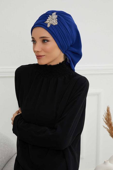 Side Frilled Instant Turban Cotton Scarf Head Turbans with Unique Jewellery Stone Accessory For Women Headwear Stylish Design,HT-105