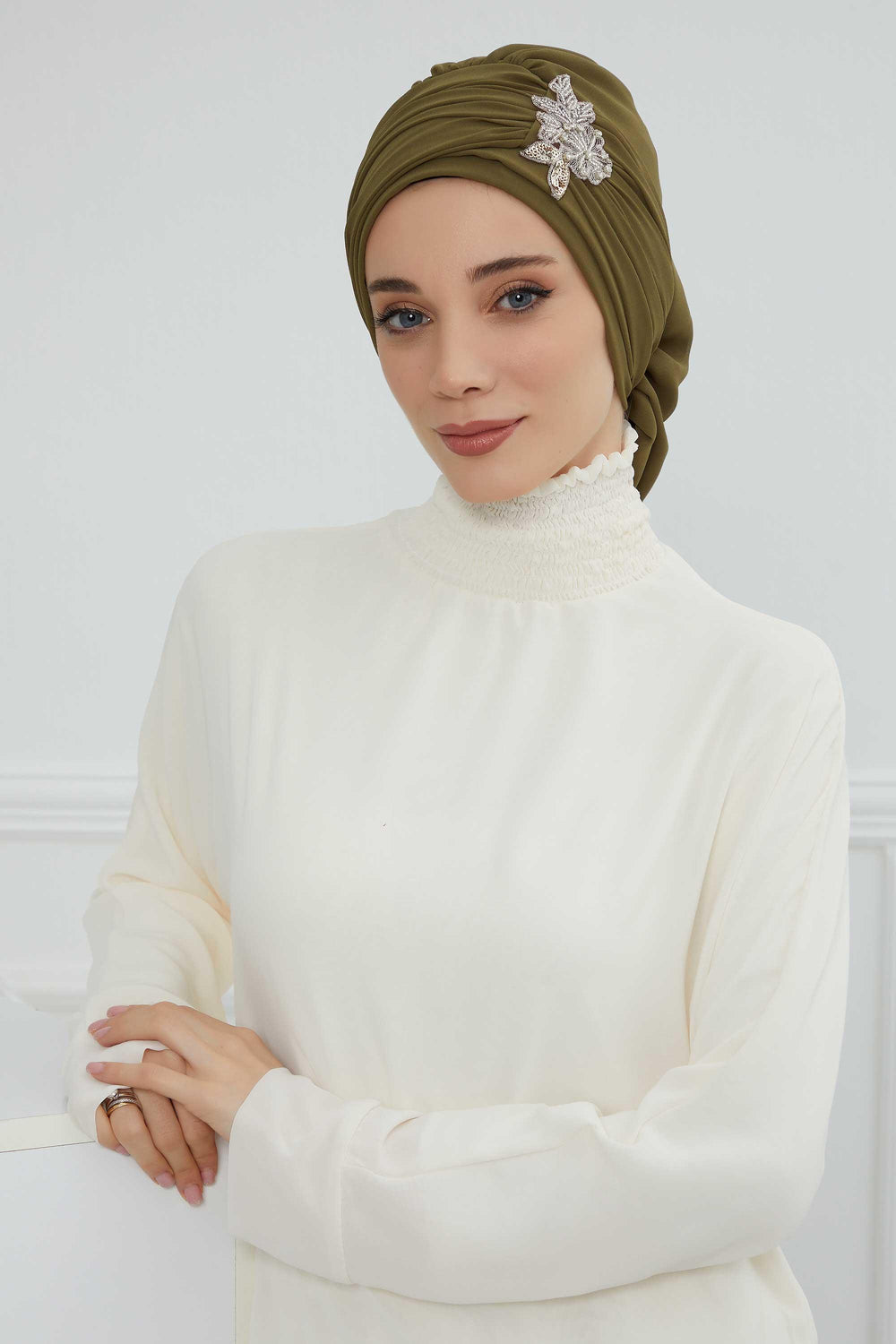 Side Frilled Instant Turban Chiffon Scarf Head Turbans with Unique Jewellery Stone Accessory For Women Headwear Stylish Design,HT-105 Army Green