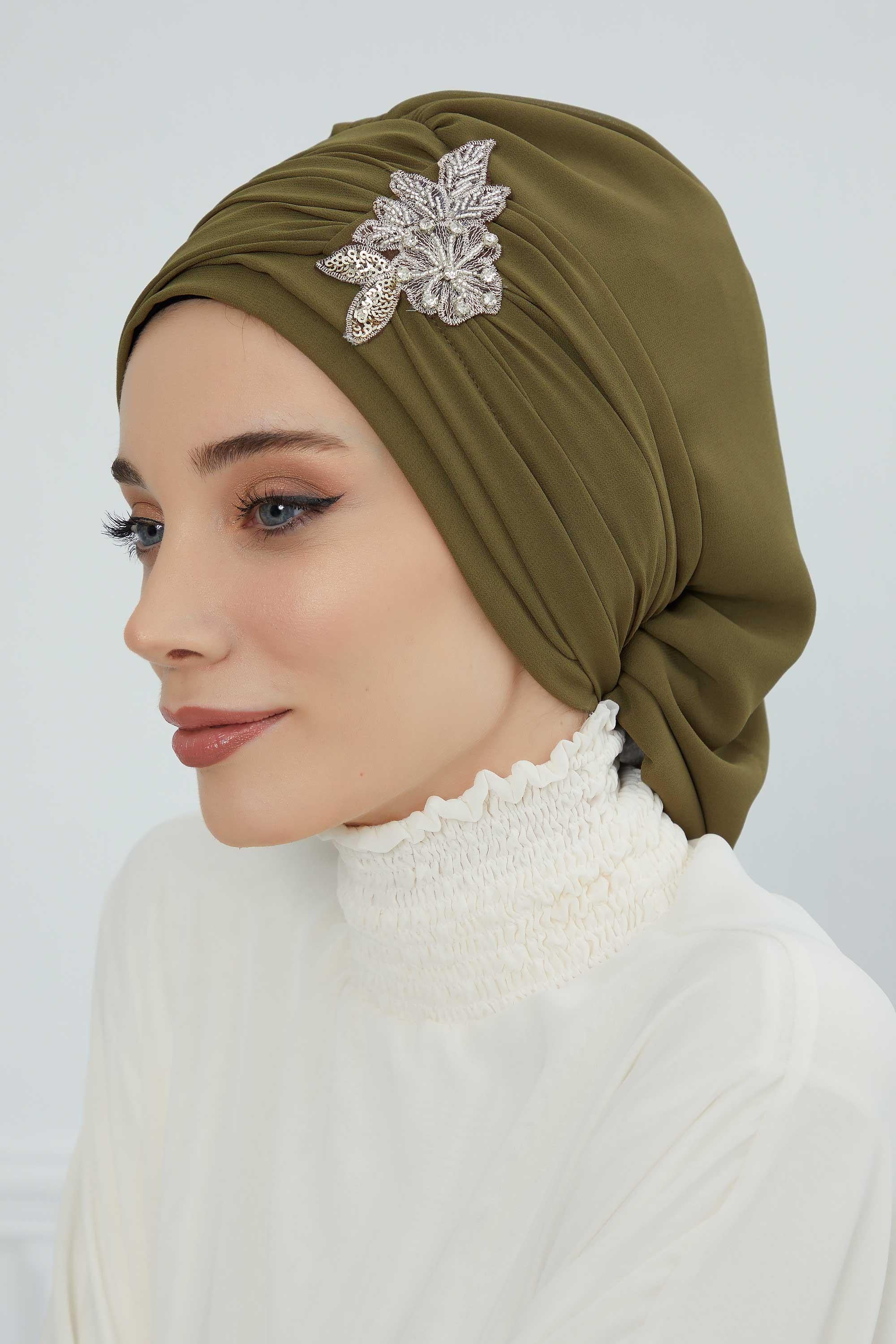 Side Frilled Instant Turban Chiffon Scarf Head Turbans with Unique Jewellery Stone Accessory For Women Headwear Stylish Design,HT-105