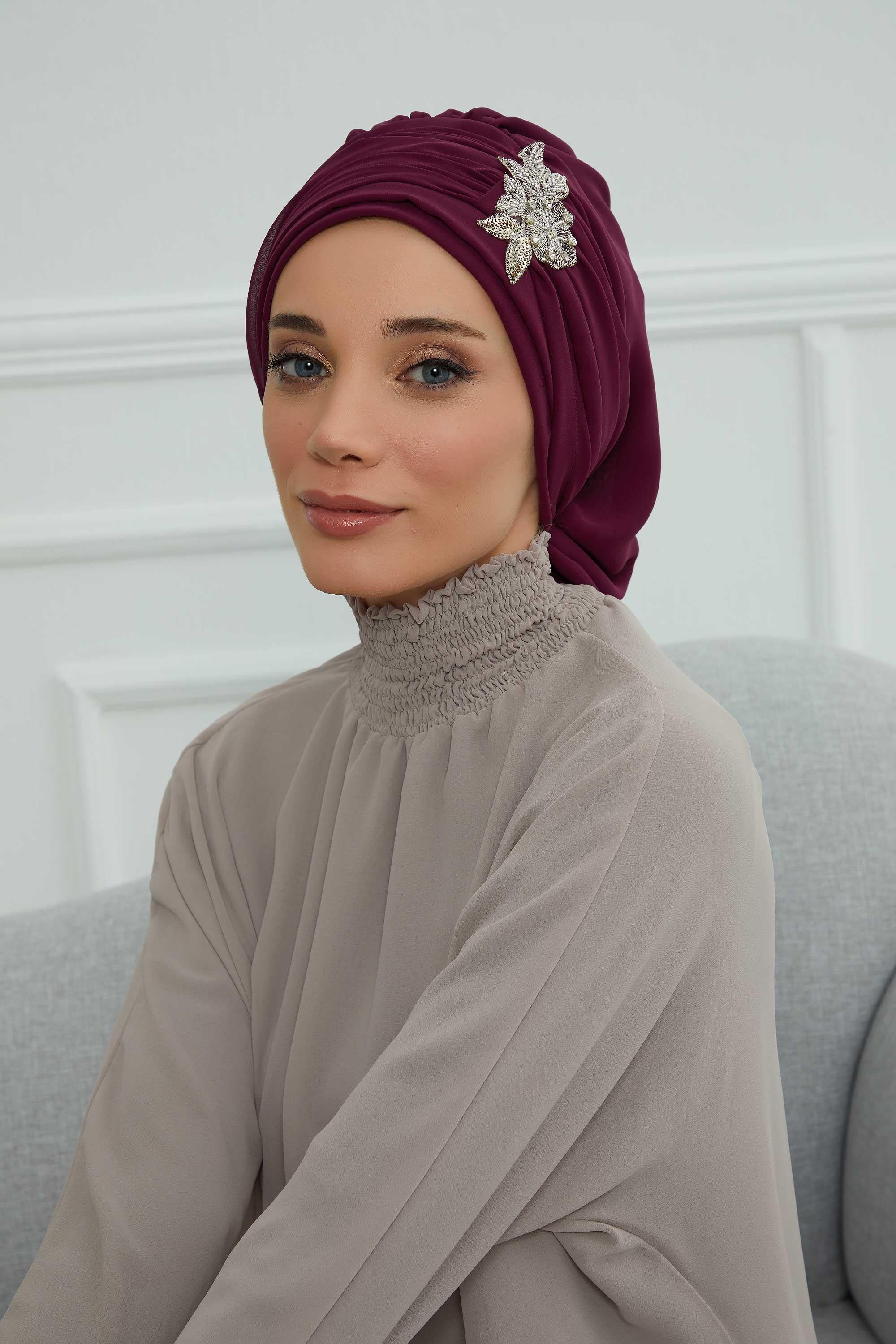 Side Frilled Instant Turban Chiffon Scarf Head Turbans with Unique Jewellery Stone Accessory For Women Headwear Stylish Design,HT-105 Damson