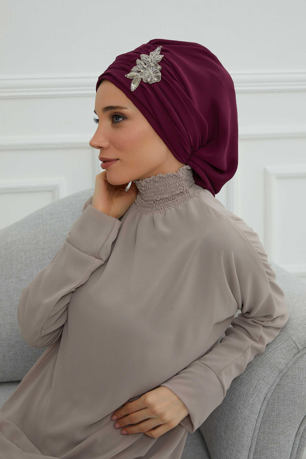 Side Frilled Instant Turban Chiffon Scarf Head Turbans with Unique Jewellery Stone Accessory For Women Headwear Stylish Design,HT-105