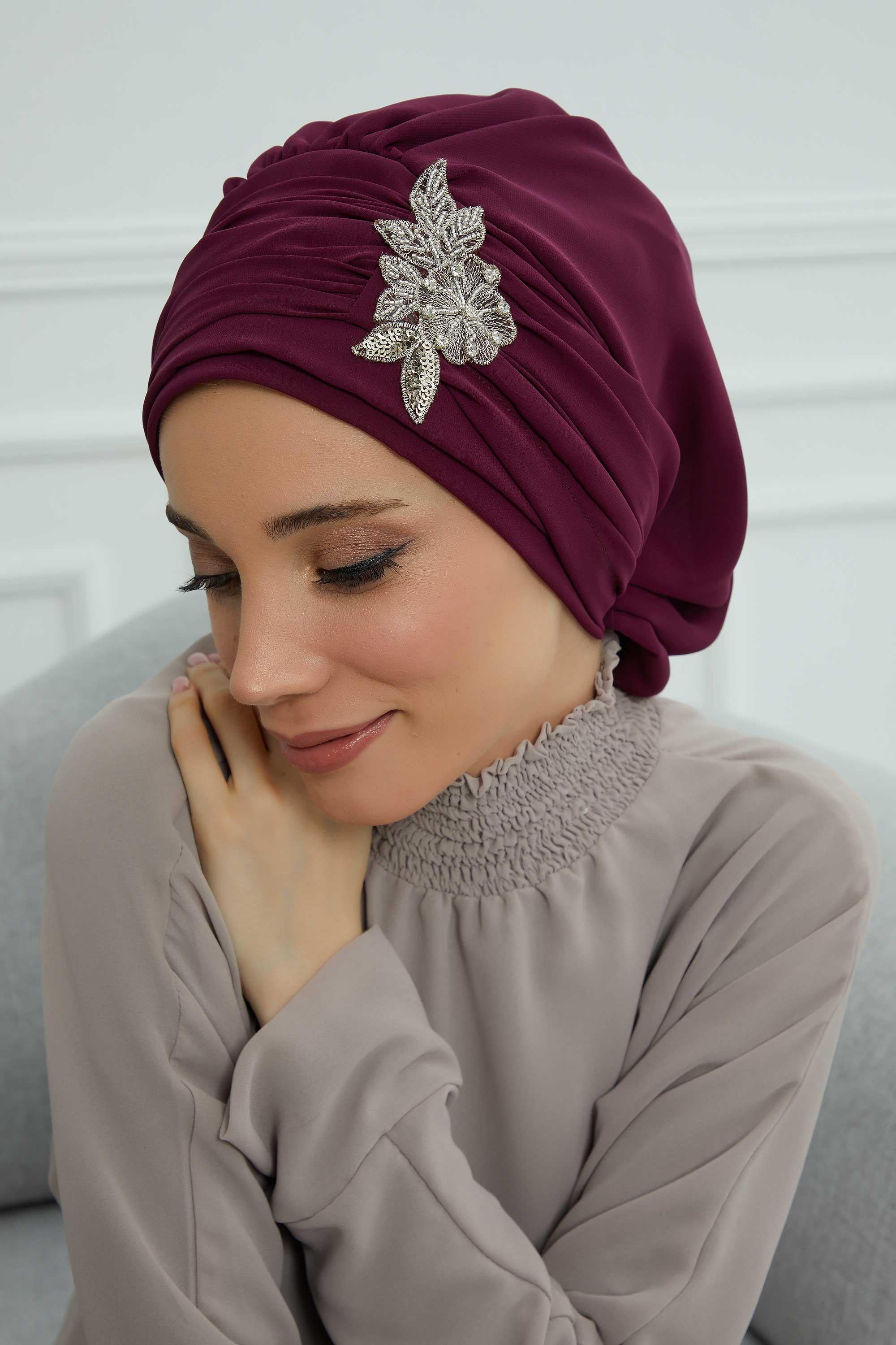 Side Frilled Instant Turban Chiffon Scarf Head Turbans with Unique Jewellery Stone Accessory For Women Headwear Stylish Design,HT-105